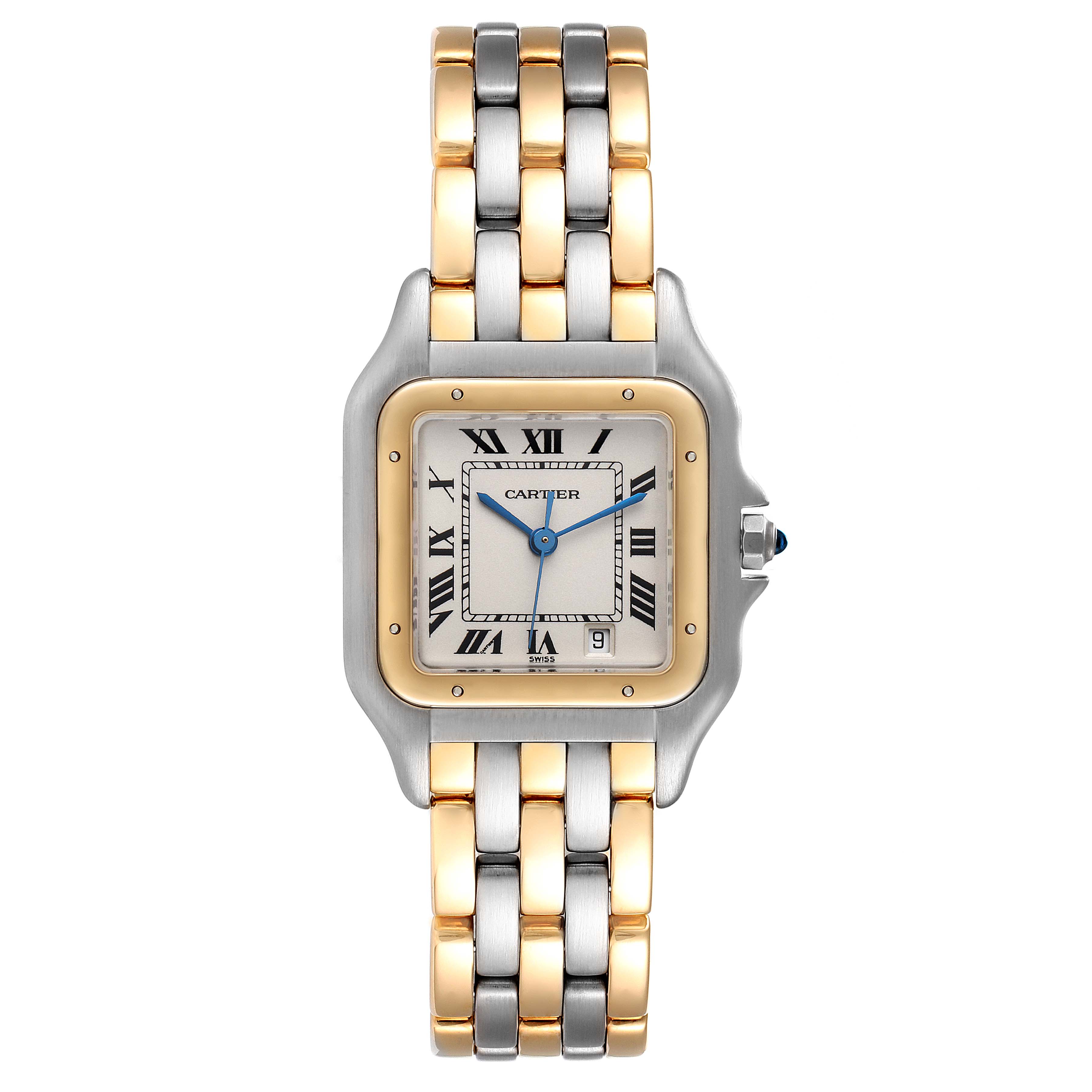 The image shows a frontal view of a Cartier Panthère watch, highlighting its gold and silver bracelet and square face.