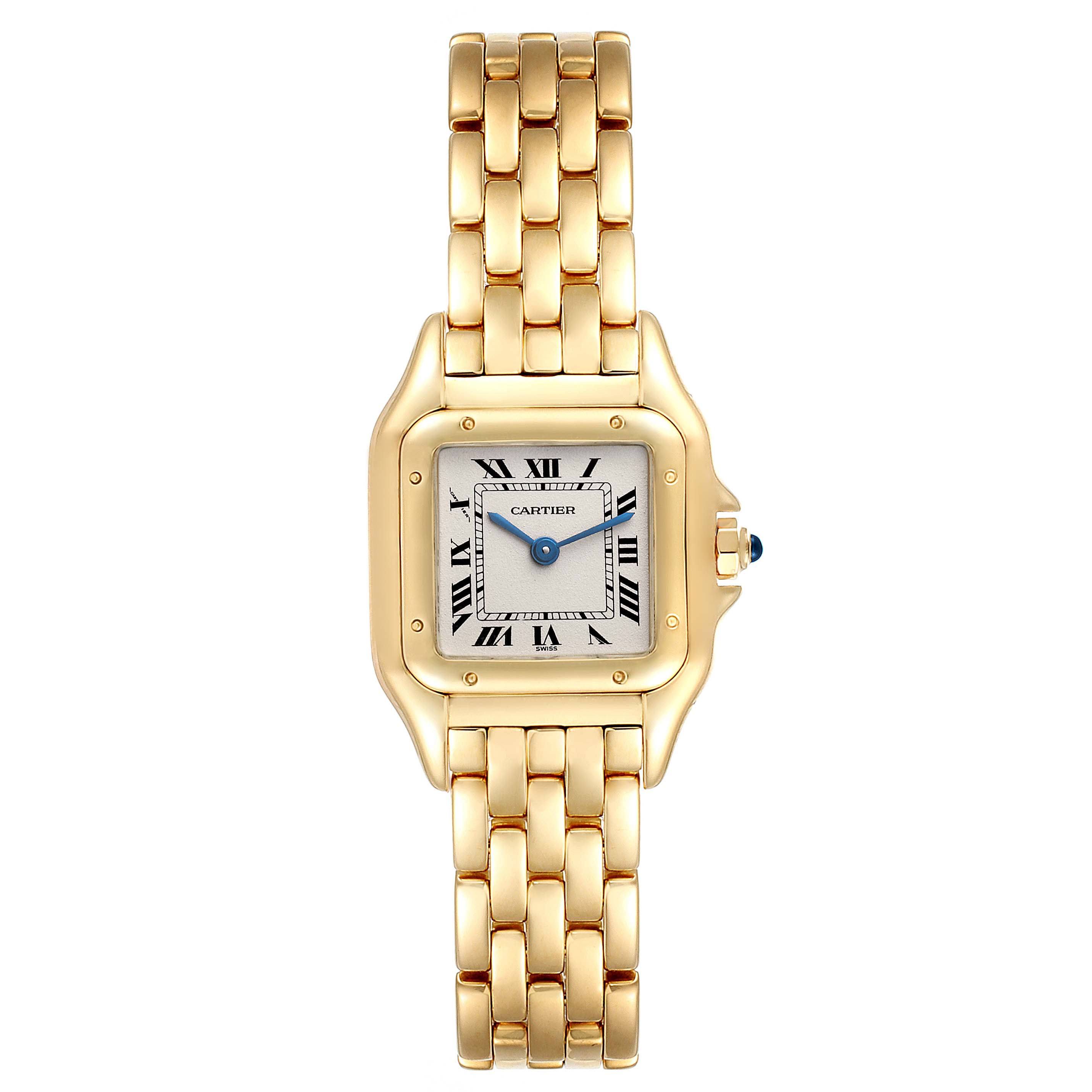 The image shows a front view of the Cartier Panthere W25022B9 Women's Yellow Gold Silver Dial W25022B9 Women's Yellow Gold Silver Dial watch, highlighting its gold bracelet, square dial, and Roman numerals.
