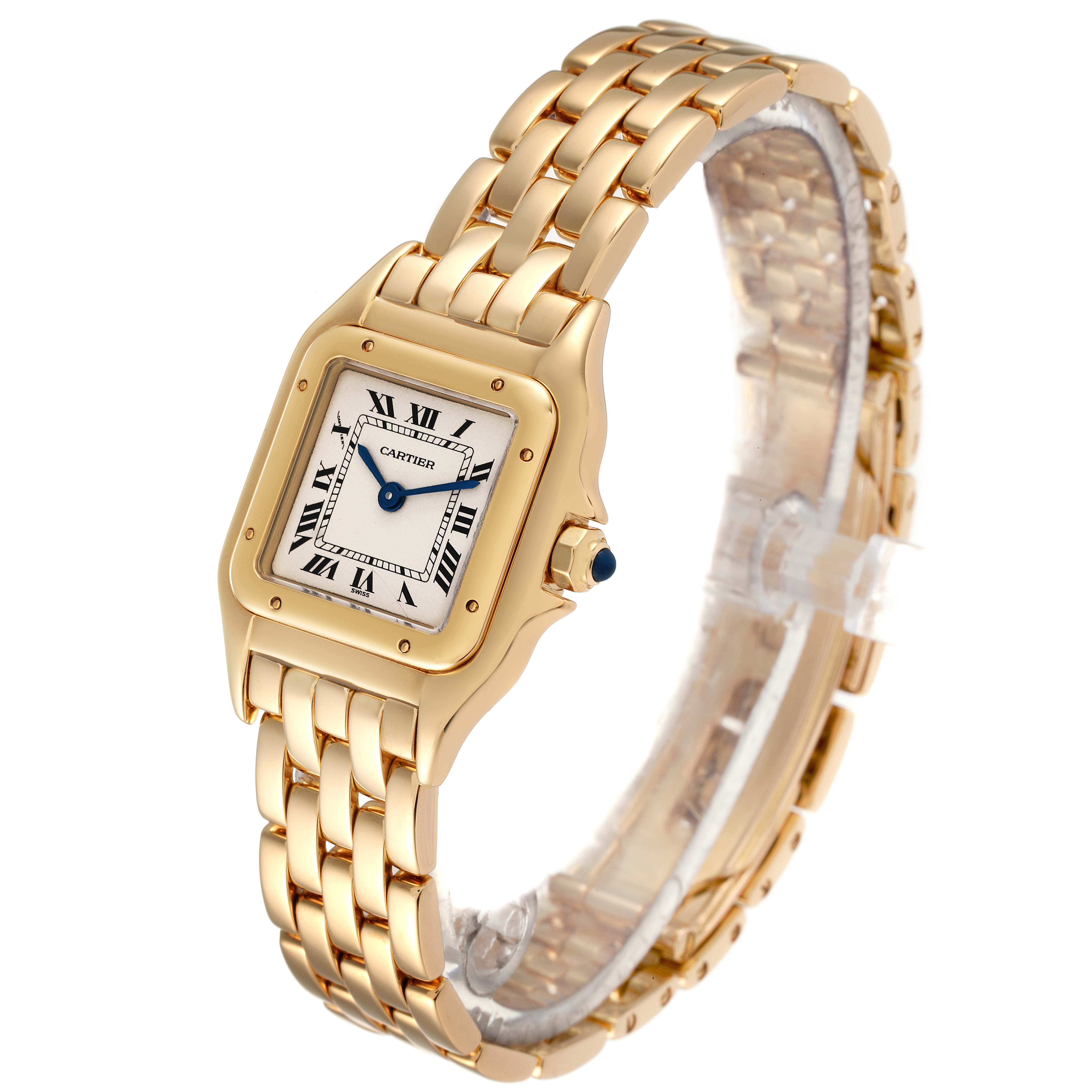 The image shows a Cartier Panthere W25022B9 Women's Yellow Gold Silver Dial W25022B9 Women's Yellow Gold Silver Dial watch in gold, with a clear view of the face, bracelet, and crown.
