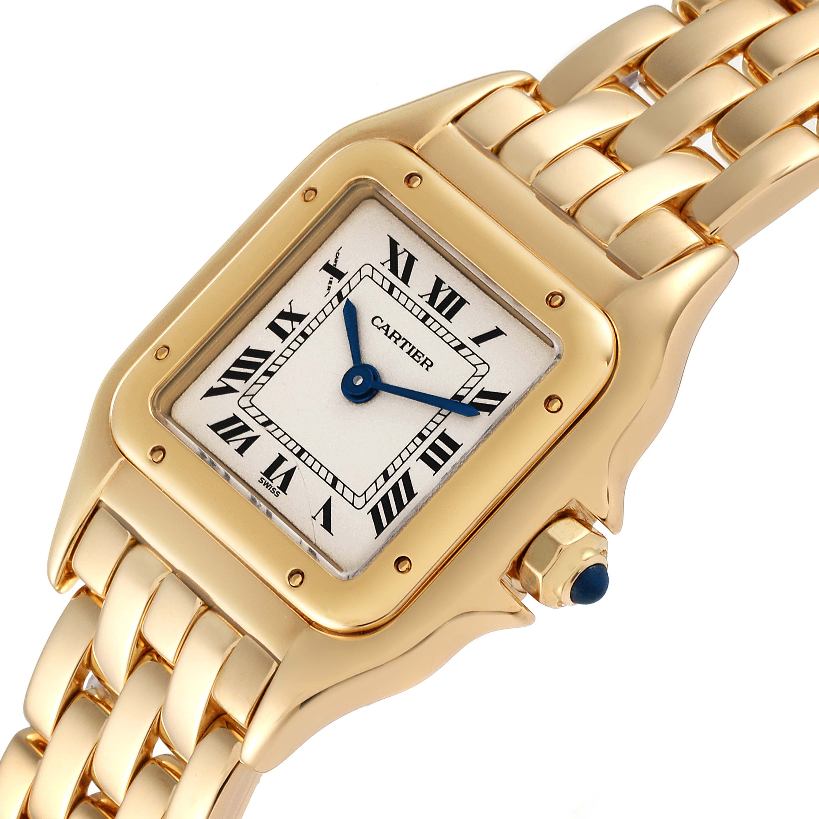 The image shows a close-up of a Cartier Panthère model watch, highlighting its face, Roman numerals, and part of its gold bracelet.