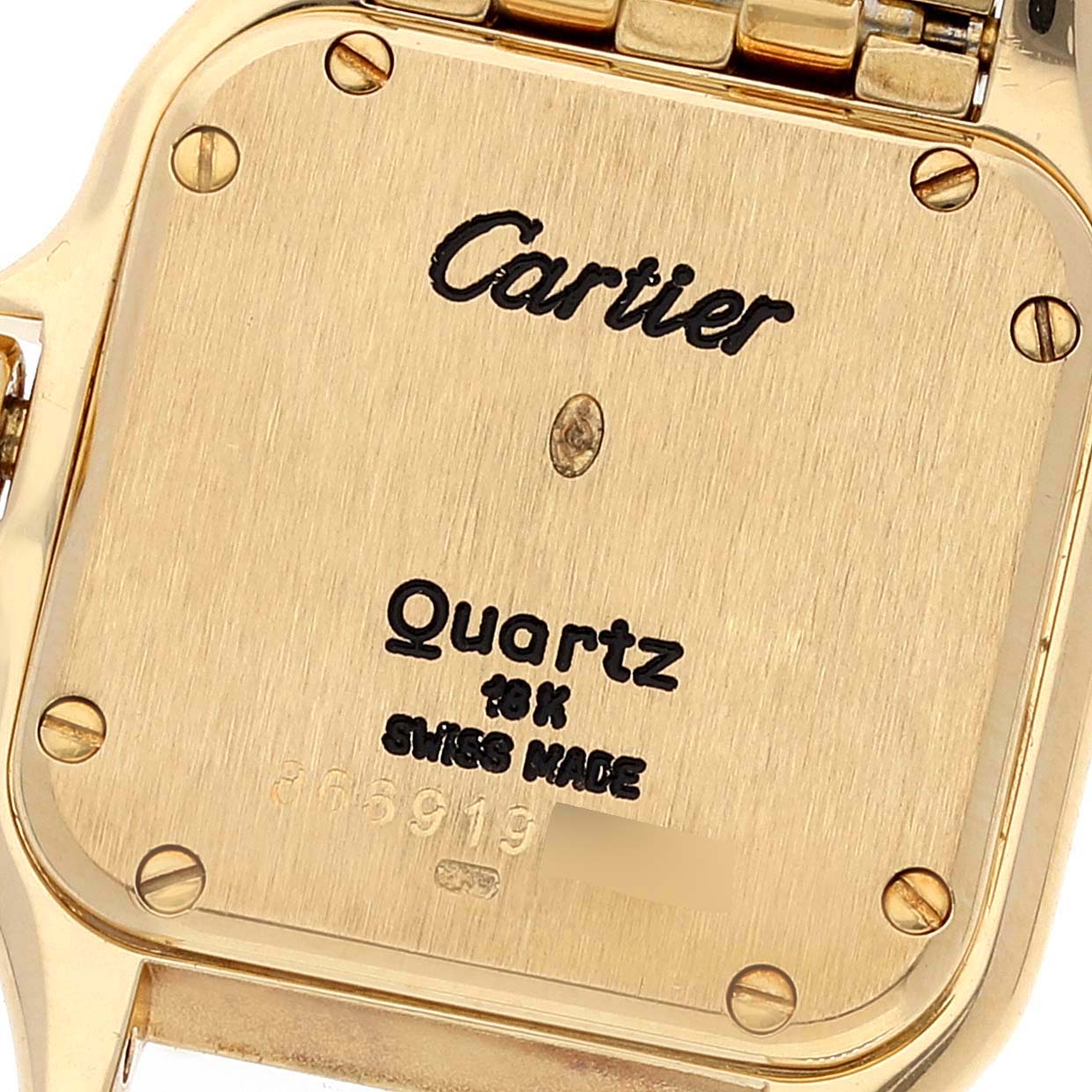 This image shows the back case of a Cartier Panthere W25022B9 Women's Yellow Gold Silver Dial W25022B9 Women's Yellow Gold Silver Dial model watch, highlighting the branding and specifications.