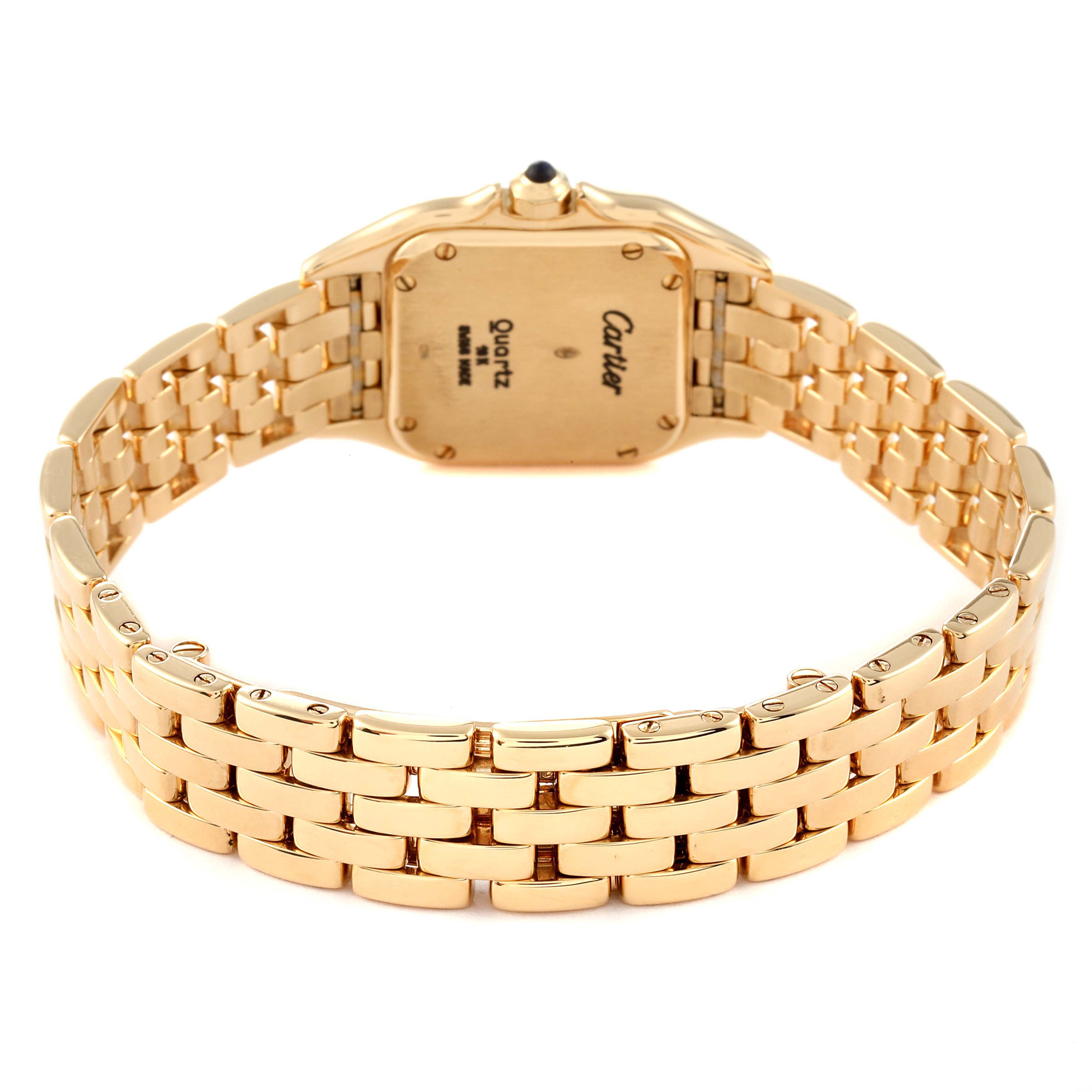 The image shows the case back and bracelet of a Cartier Panthere W25022B9 Women's Yellow Gold Silver Dial W25022B9 Women's Yellow Gold Silver Dial model watch from a rear angle.