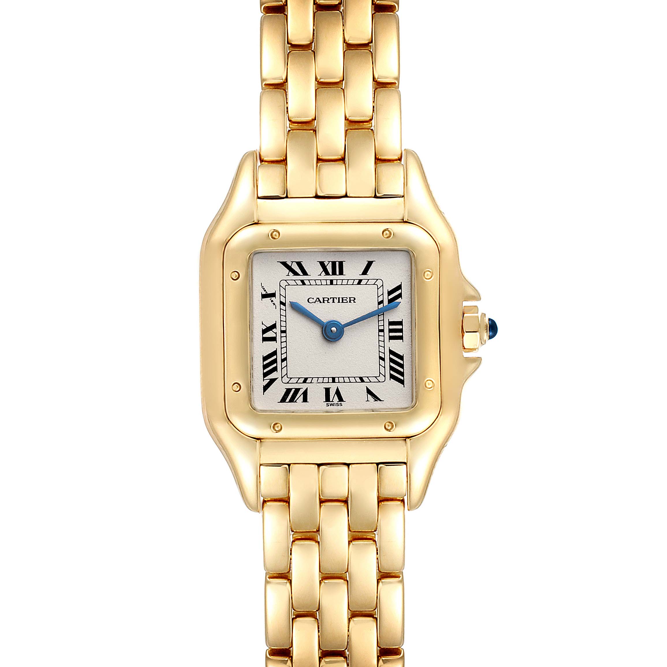 The image shows a front view of a Cartier Panthere W25022B9 Women's Yellow Gold Silver Dial W25022B9 Women's Yellow Gold Silver Dial model watch, displaying its square dial, Roman numerals, and gold bracelet.