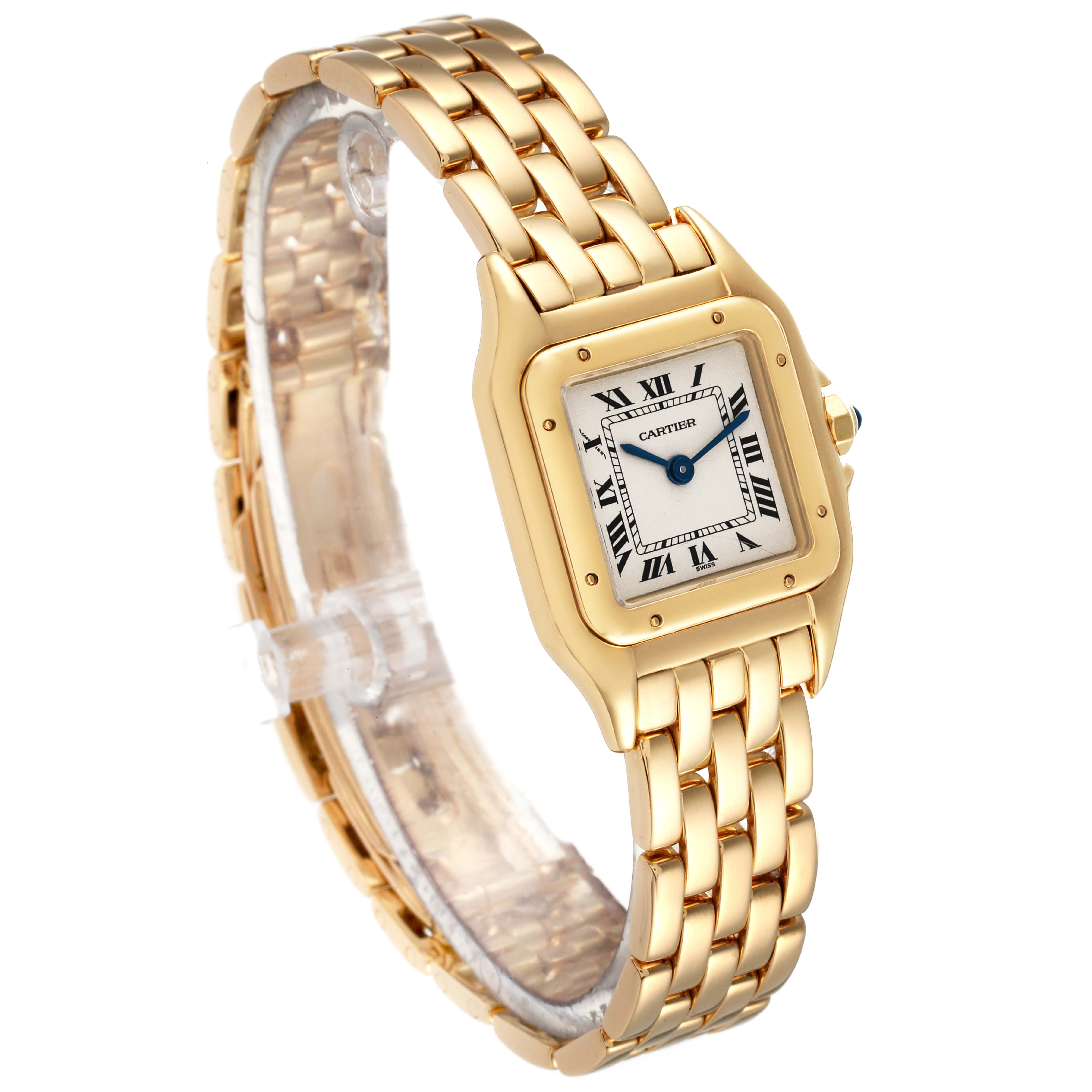 This is an angled view showing the face, bezel, and bracelet of the Cartier Panthere W25022B9 Women's Yellow Gold Silver Dial W25022B9 Women's Yellow Gold Silver Dial model watch.