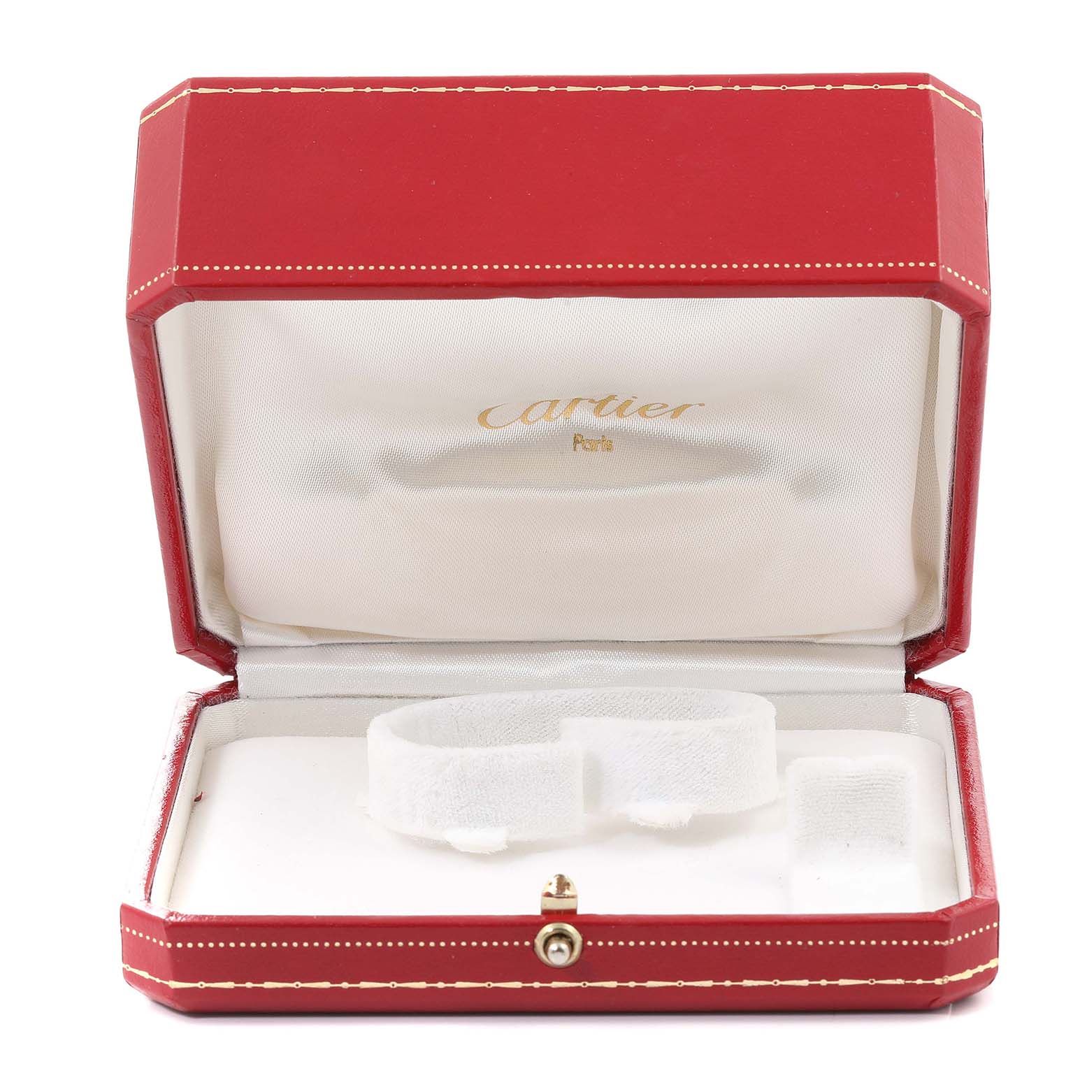 The image shows an open Cartier watch box for a Panthere model, featuring the interior padding and the brand name.