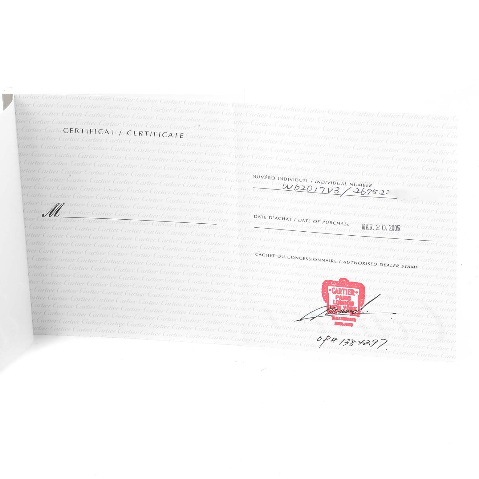 The image shows the certificate and purchase information for a Cartier Roadster W62017V3 Women's Stainless Steel Pink Dial W62017V3 Women's Stainless Steel Pink Dial model watch.