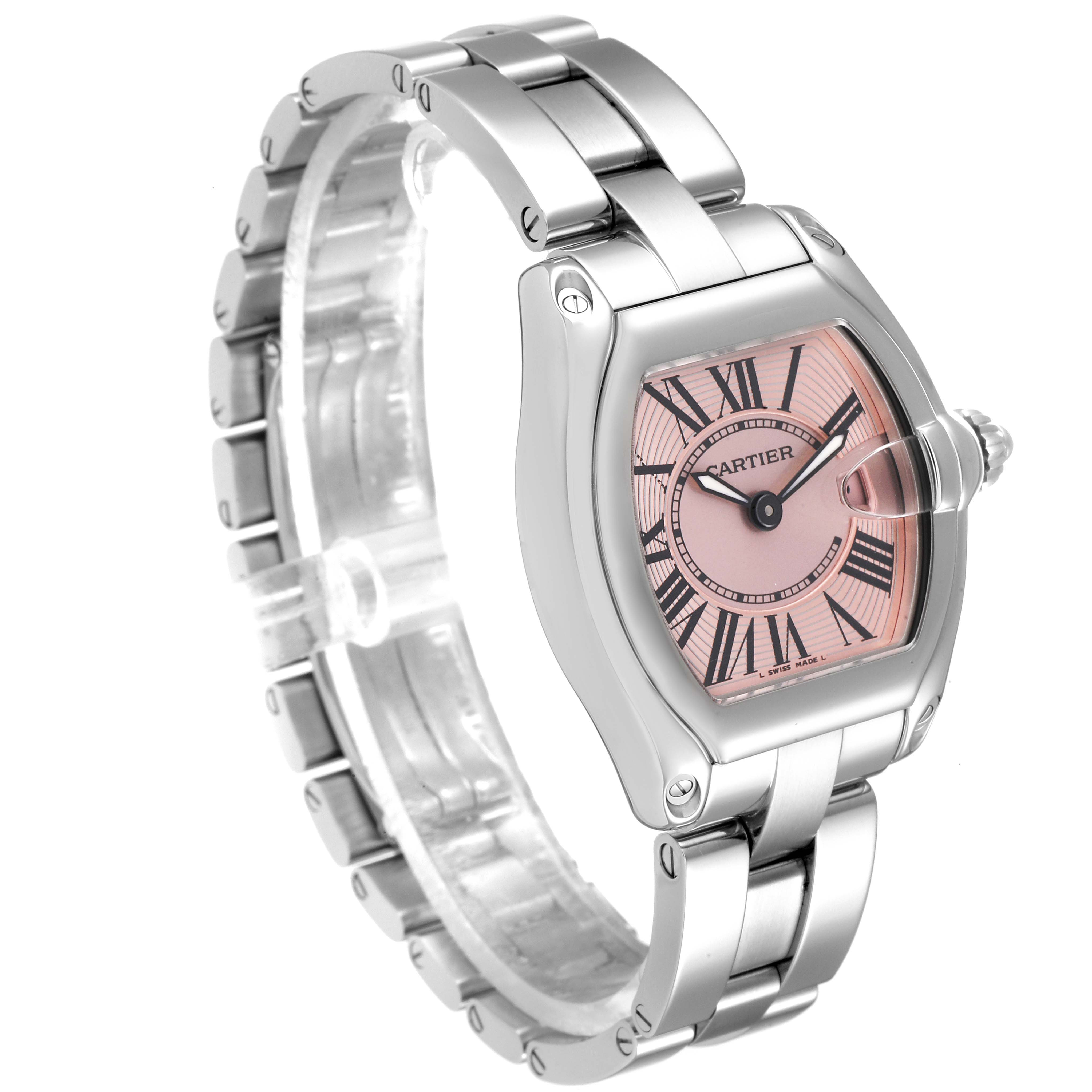 The image shows a Cartier Roadster W62017V3 Women's Stainless Steel Pink Dial W62017V3 Women's Stainless Steel Pink Dial watch at a front-side angle, highlighting the dial, case, and metal bracelet.