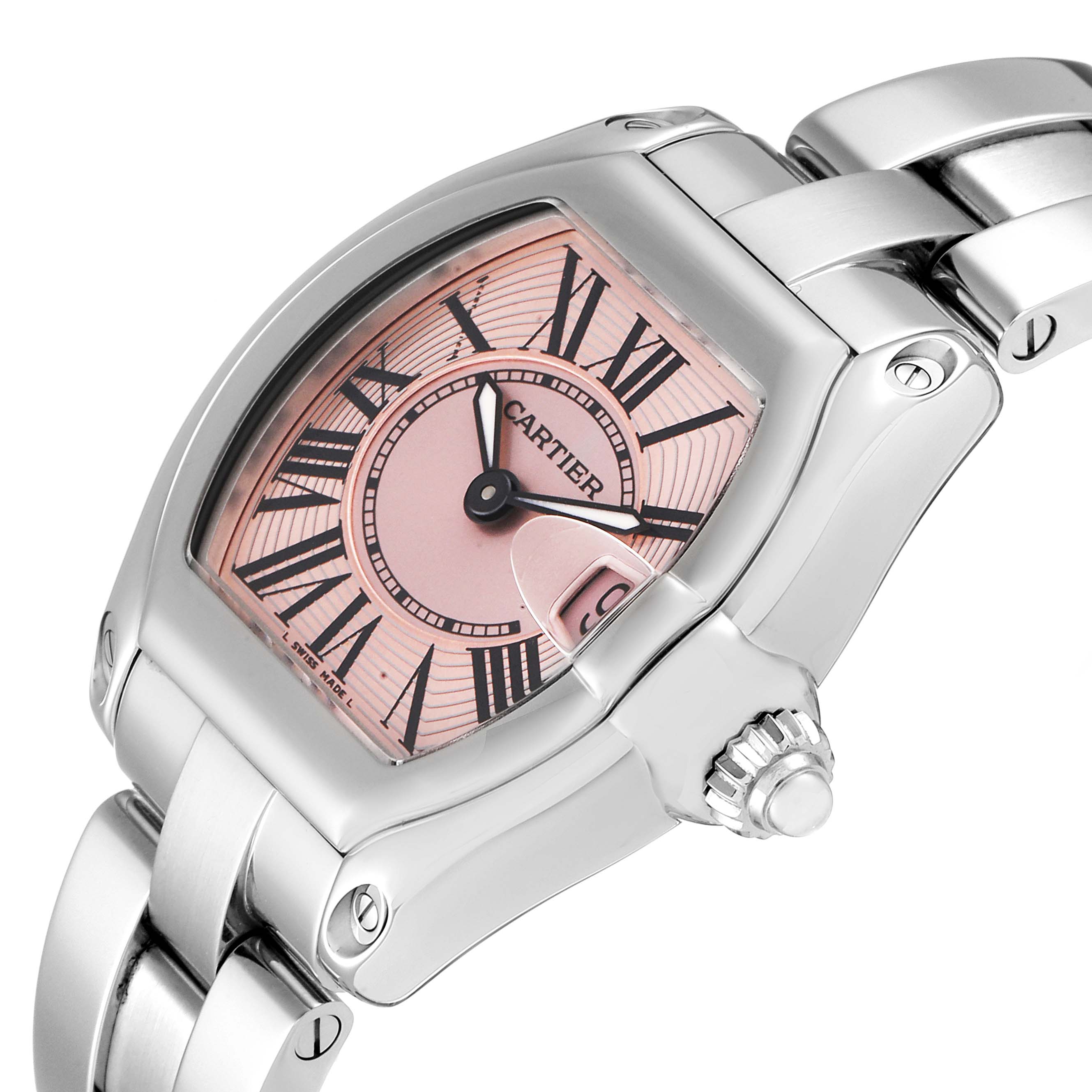 This is a Cartier Roadster W62017V3 Women's Stainless Steel Pink Dial W62017V3 Women's Stainless Steel Pink Dial watch showing a close-up angle of the dial and metal bracelet.