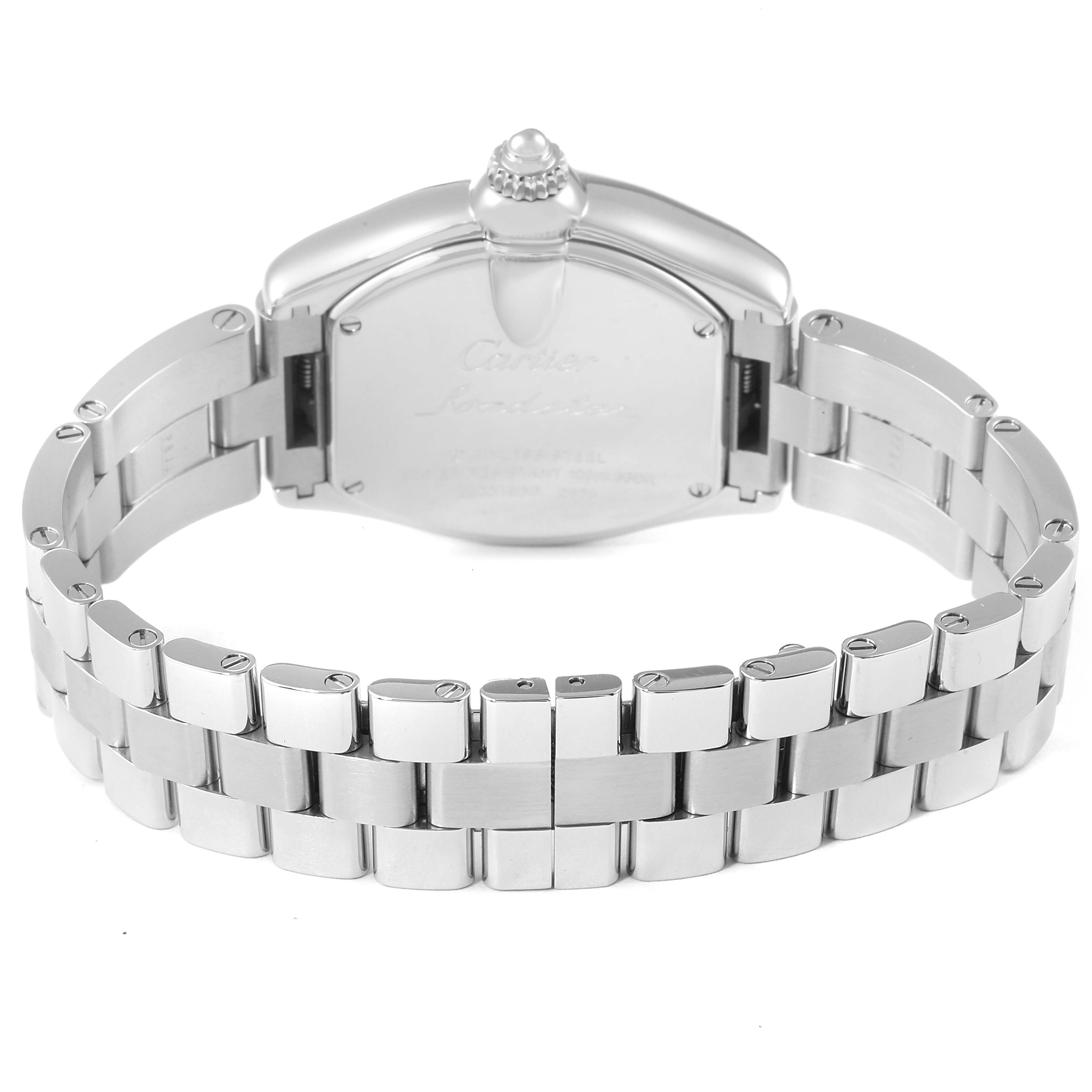 The image shows the back view of the Cartier Roadster W62017V3 Women's Stainless Steel Pink Dial W62017V3 Women's Stainless Steel Pink Dial watch, focusing on the case back and metal bracelet.