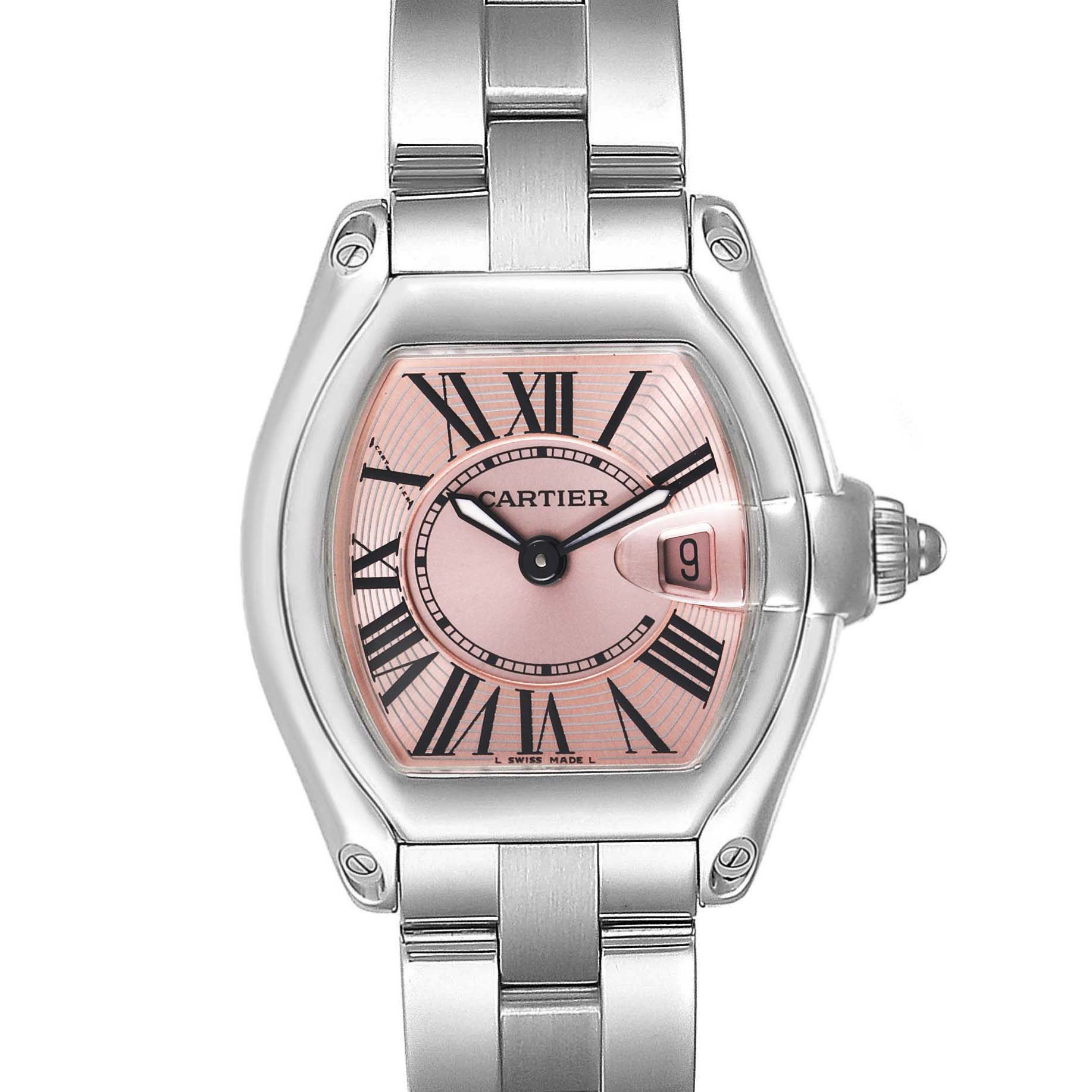 This image shows a front view of the Cartier Roadster W62017V3 Women's Stainless Steel Pink Dial W62017V3 Women's Stainless Steel Pink Dial watch, highlighting its dial, case, and part of the bracelet.
