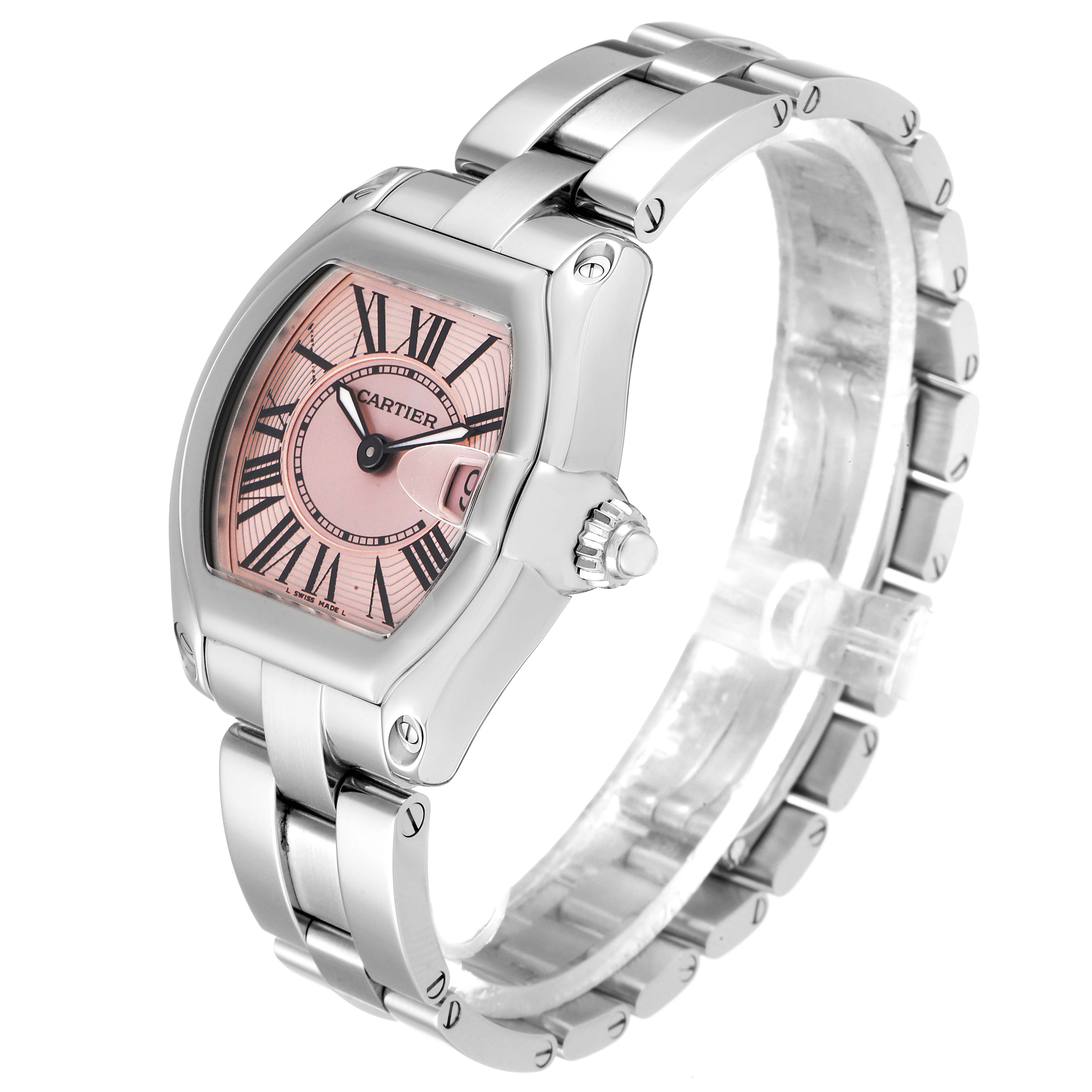 The image shows a Cartier Roadster W62017V3 Women's Stainless Steel Pink Dial W62017V3 Women's Stainless Steel Pink Dial watch at a three-quarter angle, revealing the dial, crown, and bracelet.