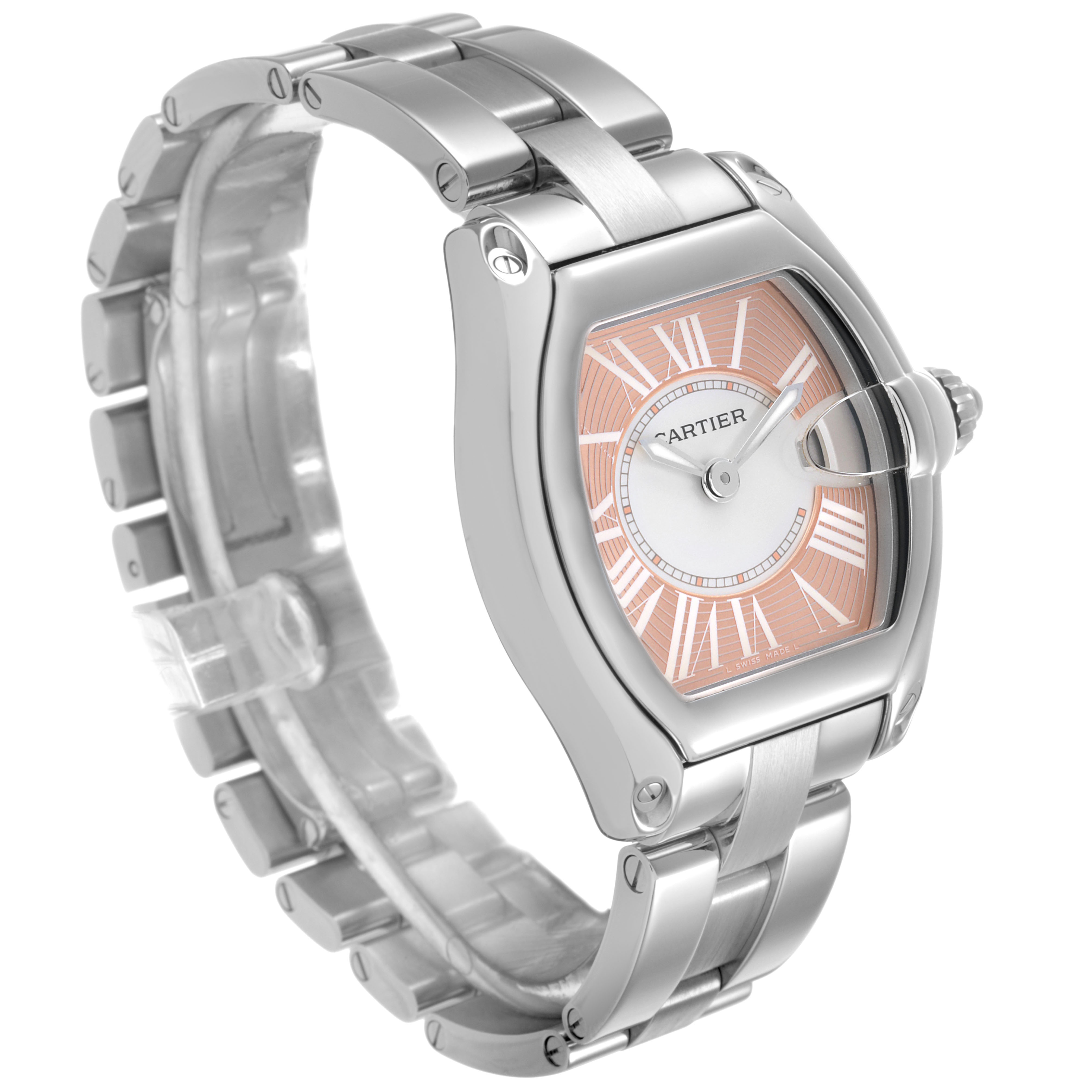The Cartier Roadster W62017V3 Women's Stainless Steel Pink Dial watch is shown from a three-quarter angle, highlighting the case, dial, and bracelet.