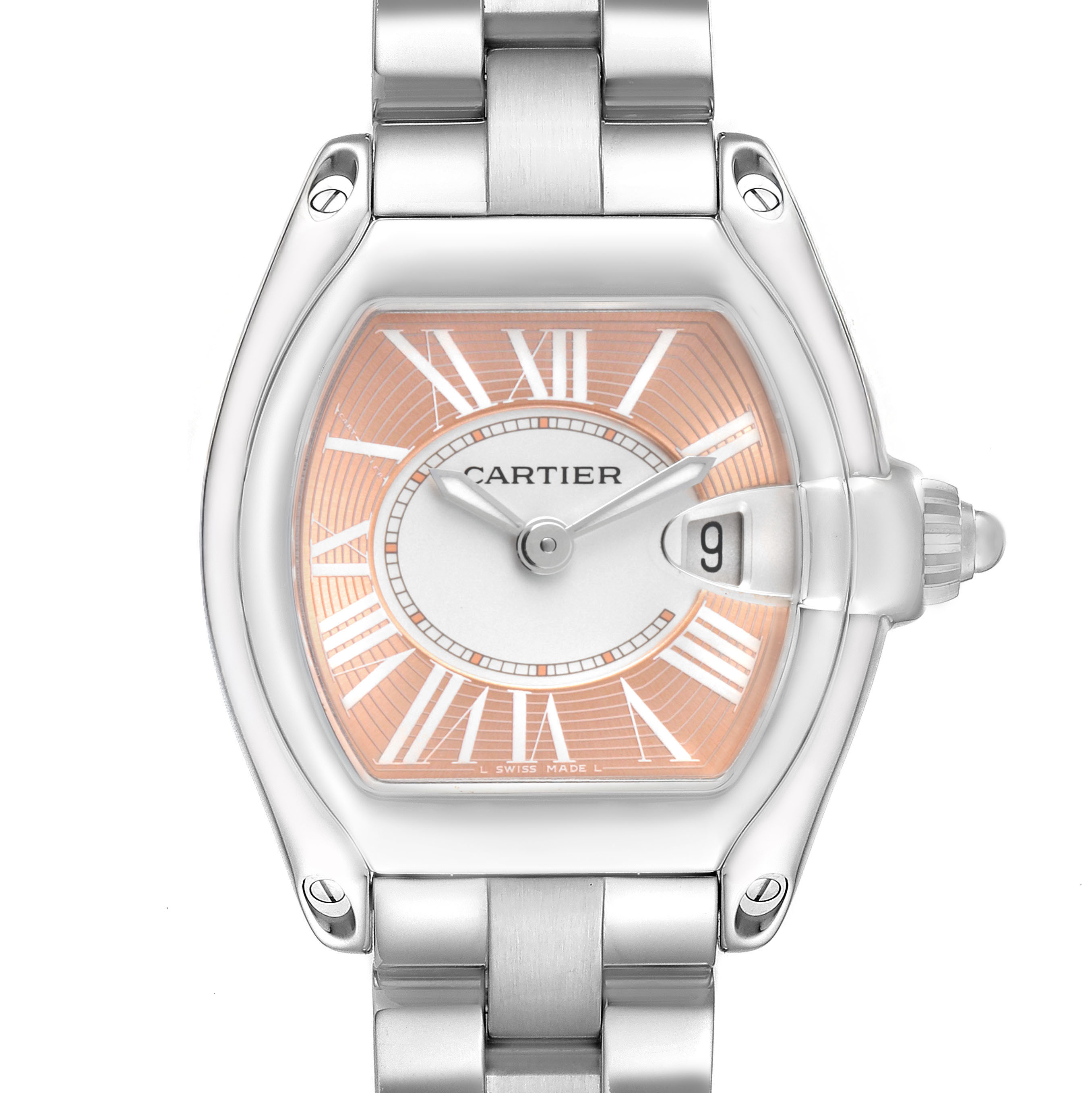 The Cartier Roadster W62017V3 Women's Stainless Steel Pink Dial watch is shown from a front angle, highlighting the dial, case, and part of the bracelet.