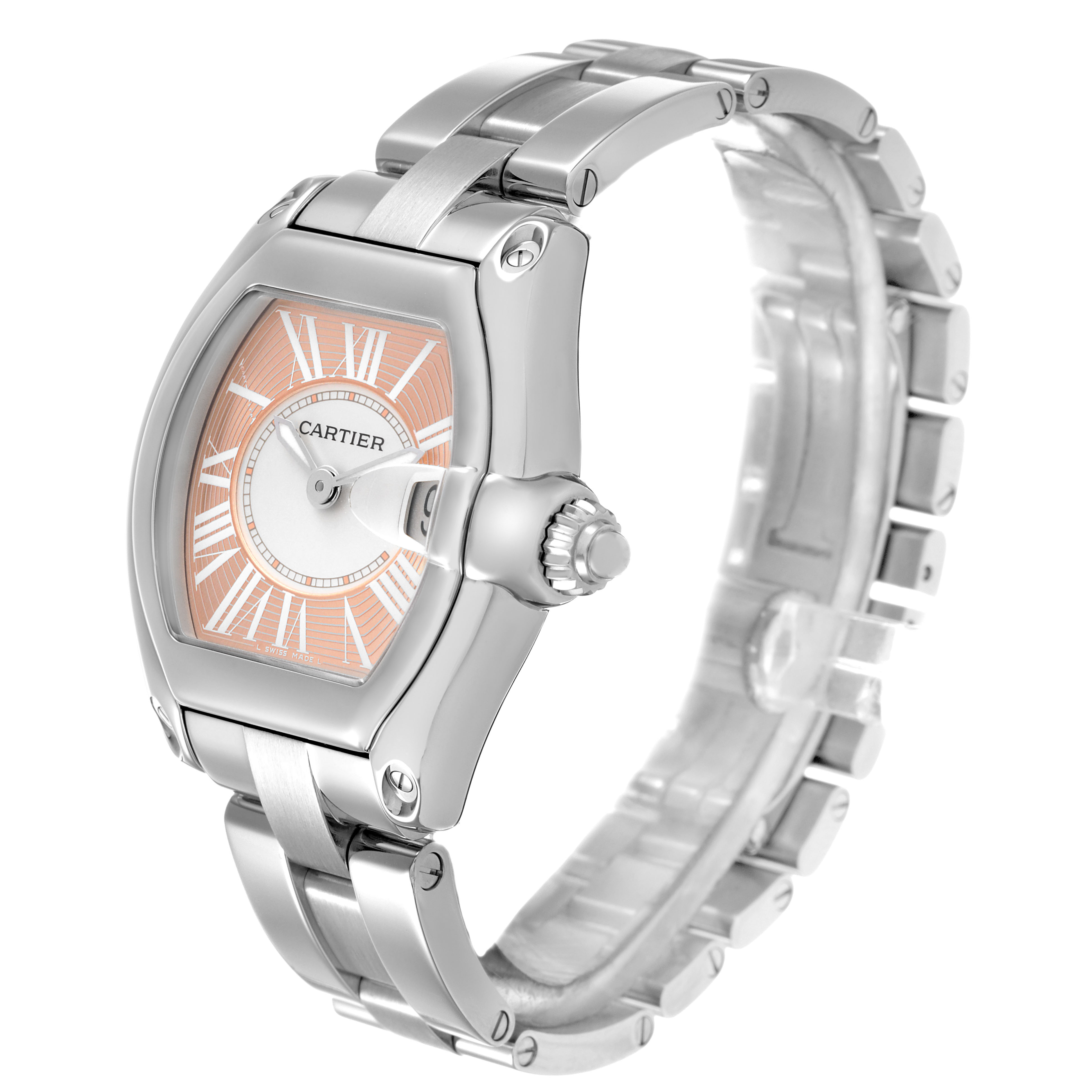 The Cartier Roadster W62017V3 Women's Stainless Steel Pink Dial watch is shown at a three-quarter angle, highlighting the face, bezel, bracelet, and crown.