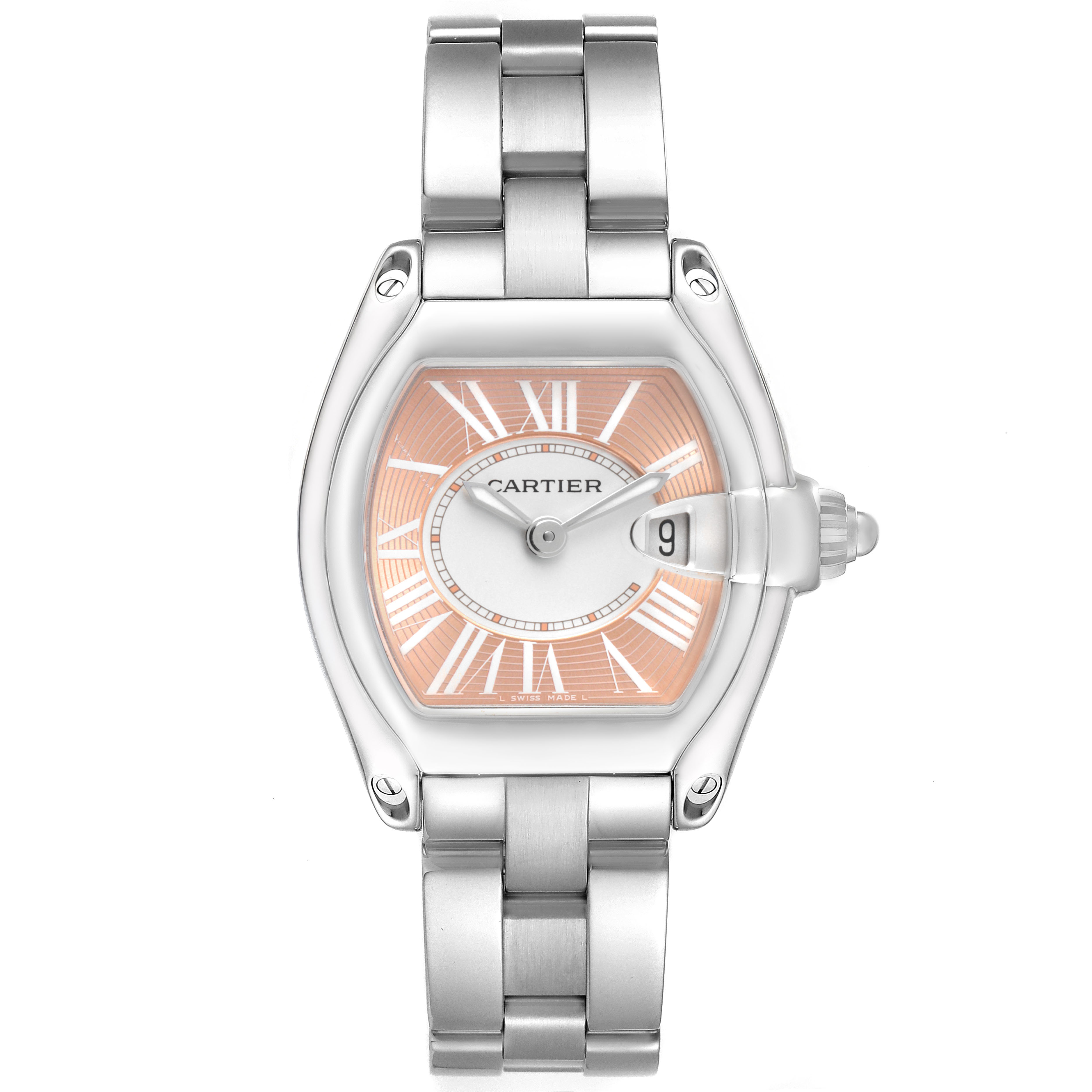 The Cartier Roadster W62017V3 Women's Stainless Steel Pink Dial watch is shown from the top, featuring its dial, case, and bracelet.