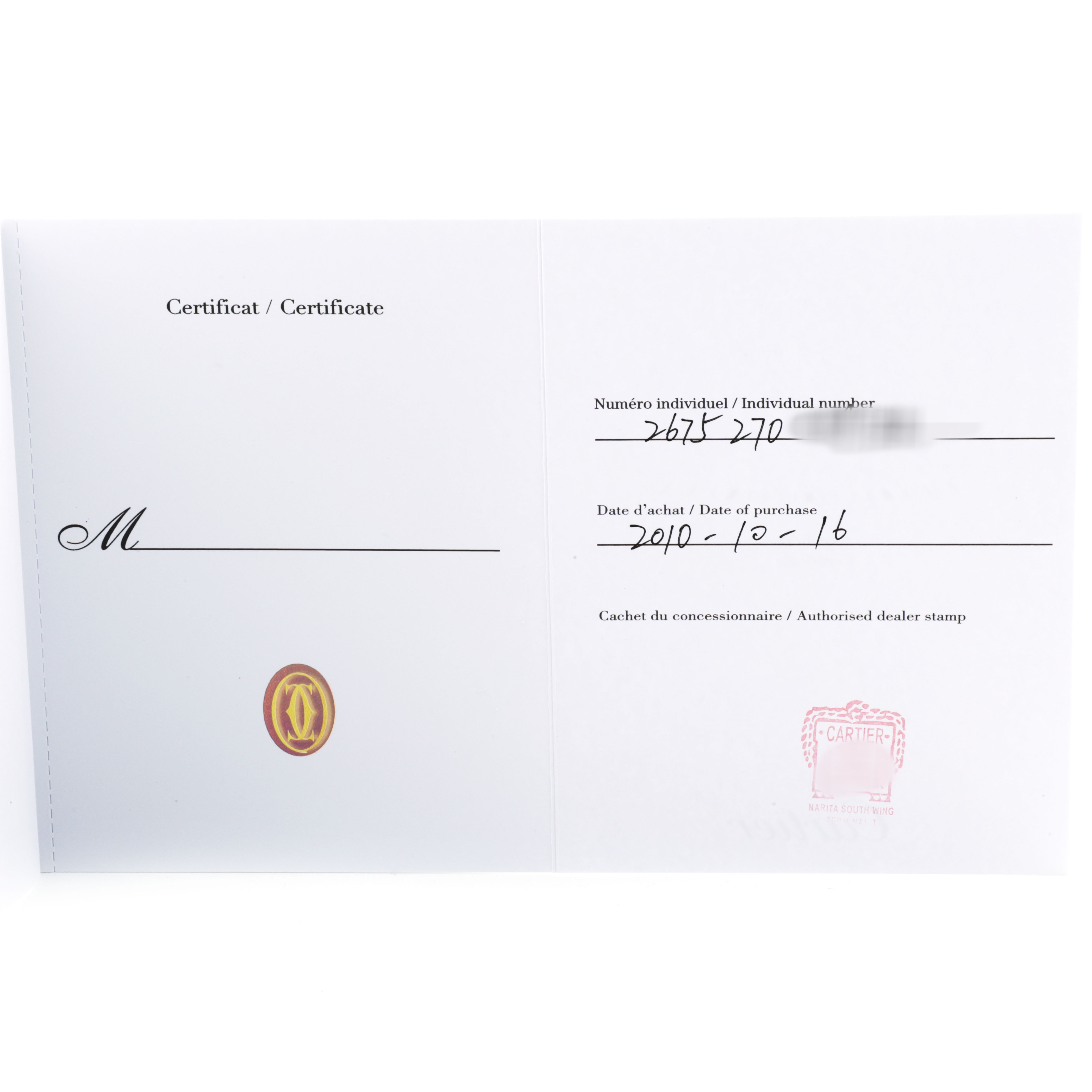 The image shows a certificate for the Cartier Roadster W62017V3 Women's Stainless Steel Pink Dial model, including an individual number and purchase date.