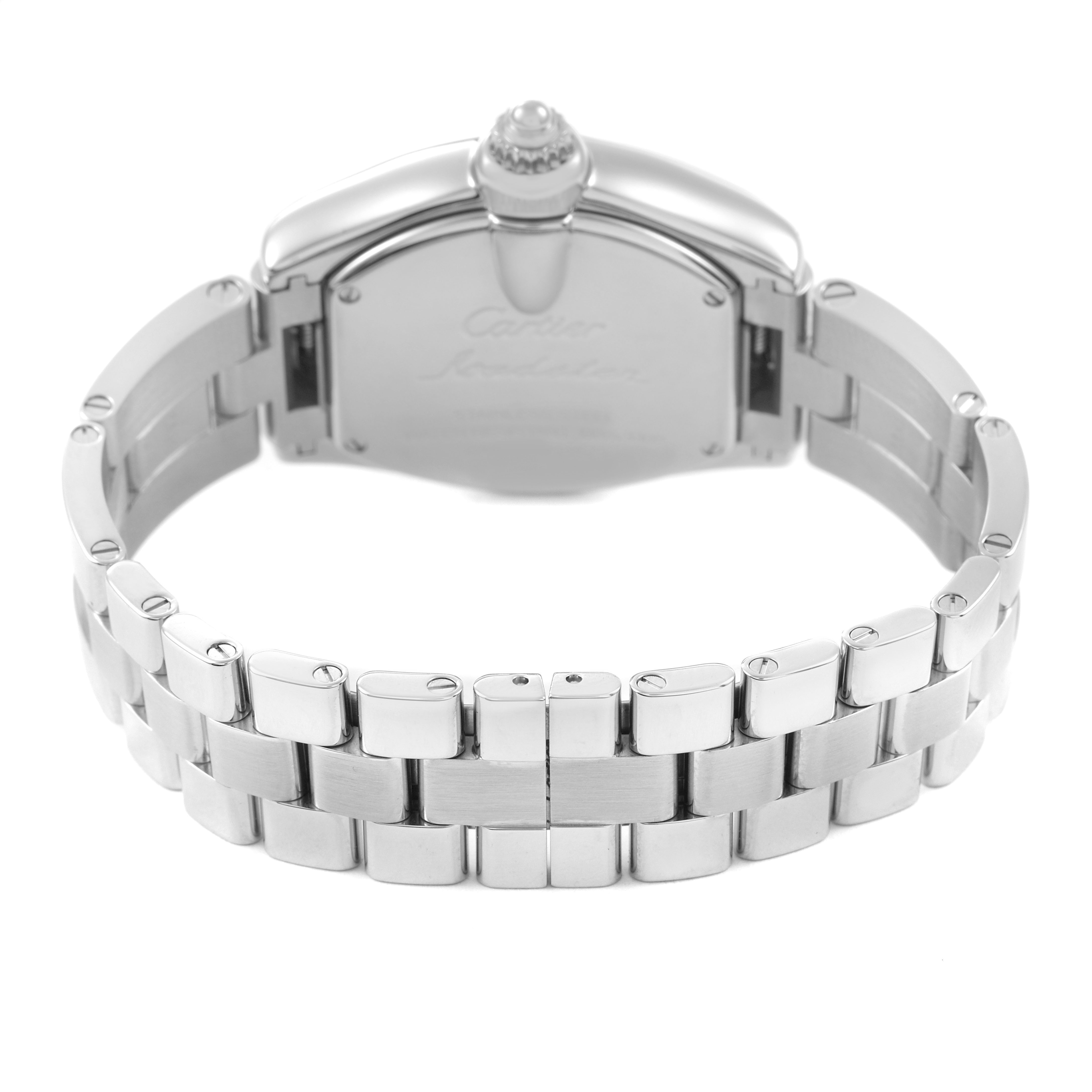 The Cartier Roadster W62017V3 Women's Stainless Steel Pink Dial watch is shown from the back, highlighting the bracelet and clasp details.
