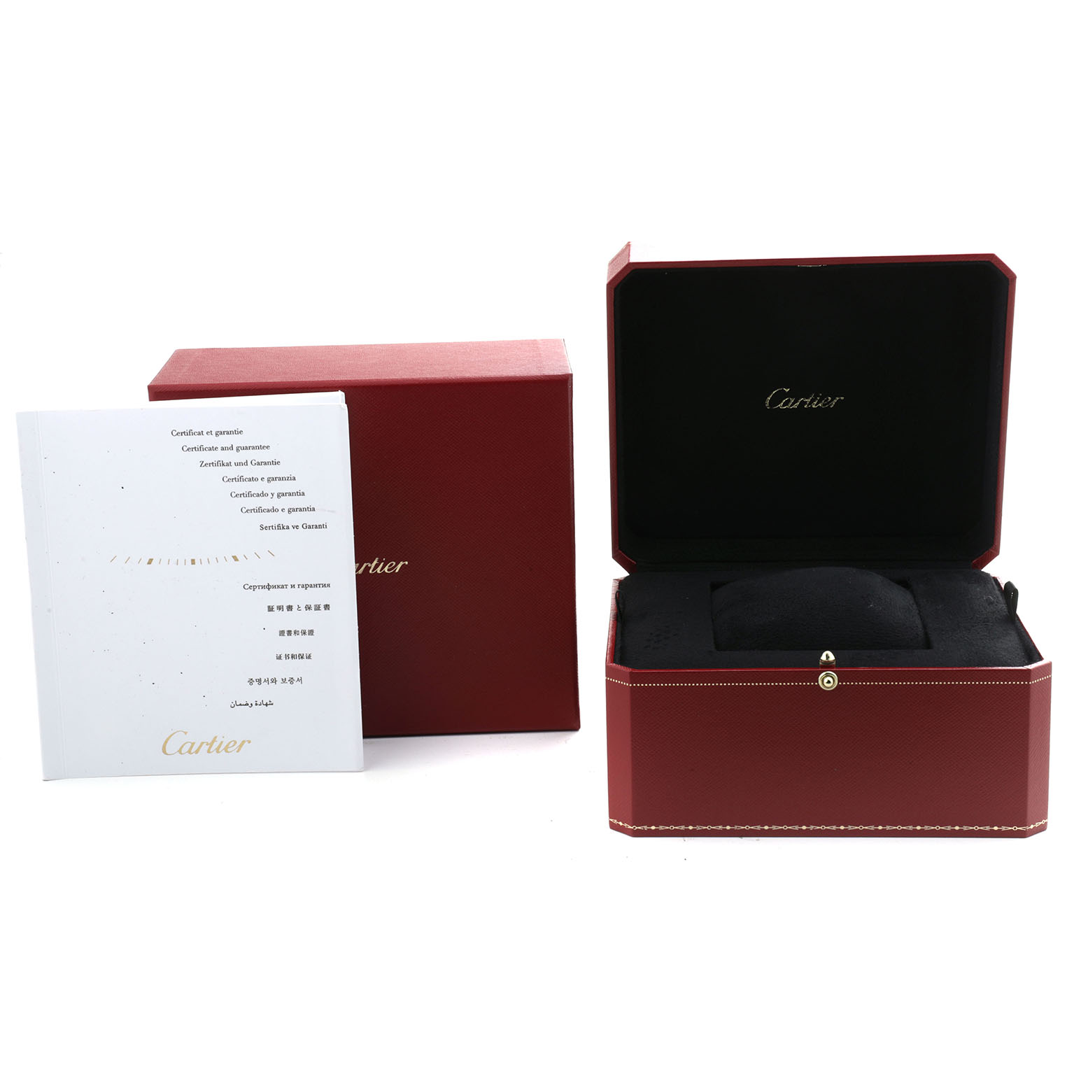 The image shows a Cartier Roadster W62017V3 Women's Stainless Steel Pink Dial watch box, certificate, and an open case at a front angle.