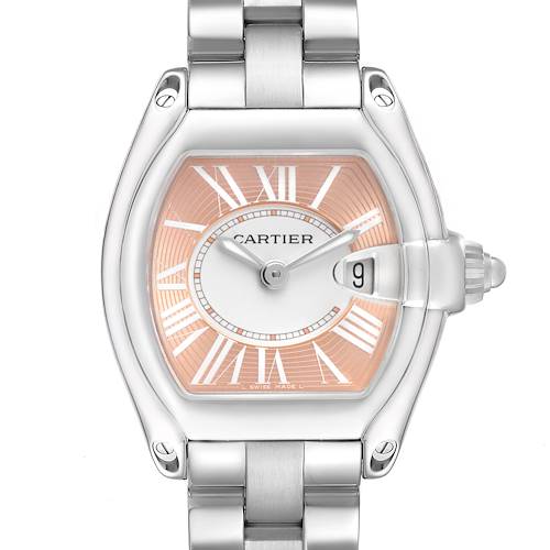 The Cartier Roadster W62017V3 Women's Stainless Steel Pink Dial watch is shown from the front, highlighting its dial, case, and part of the metal bracelet.