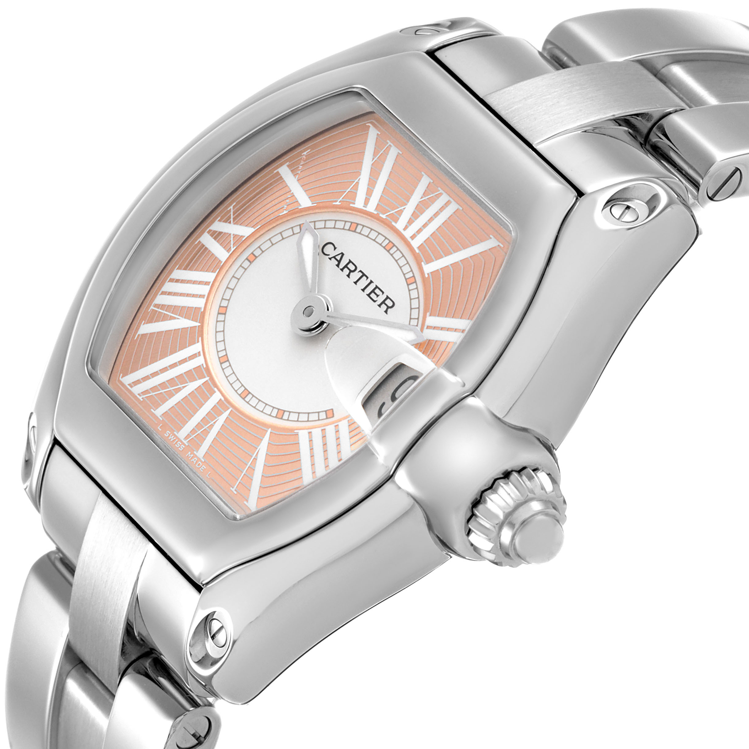 The Cartier Roadster W62017V3 Women's Stainless Steel Pink Dial watch is shown at an angled view, highlighting the face, crown, and part of the bracelet.