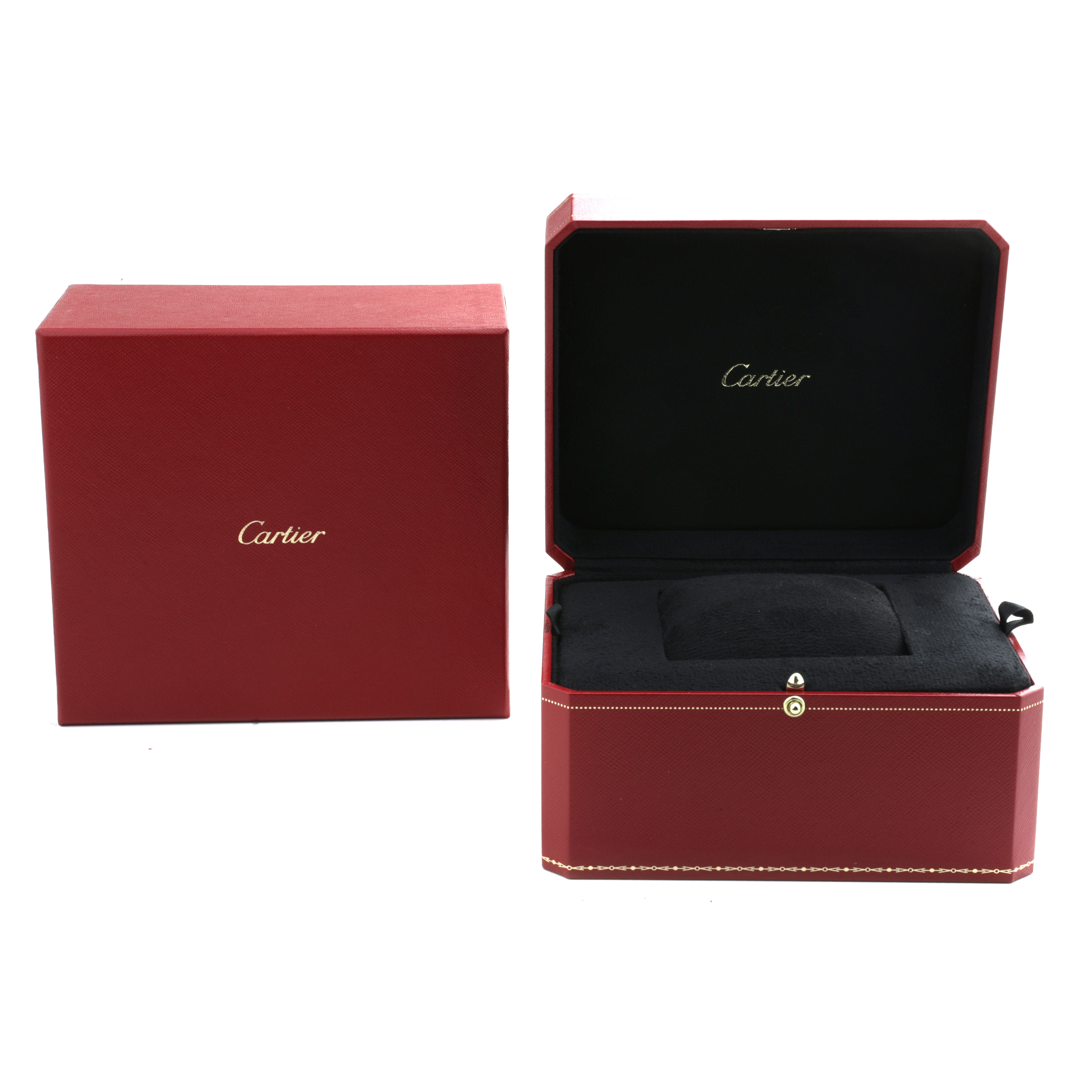 The image shows Cartier Roadster W62016V3 Women's Stainless Steel Silver Dial model's packaging with an open red box and a closed red box, both featuring the Cartier logo.