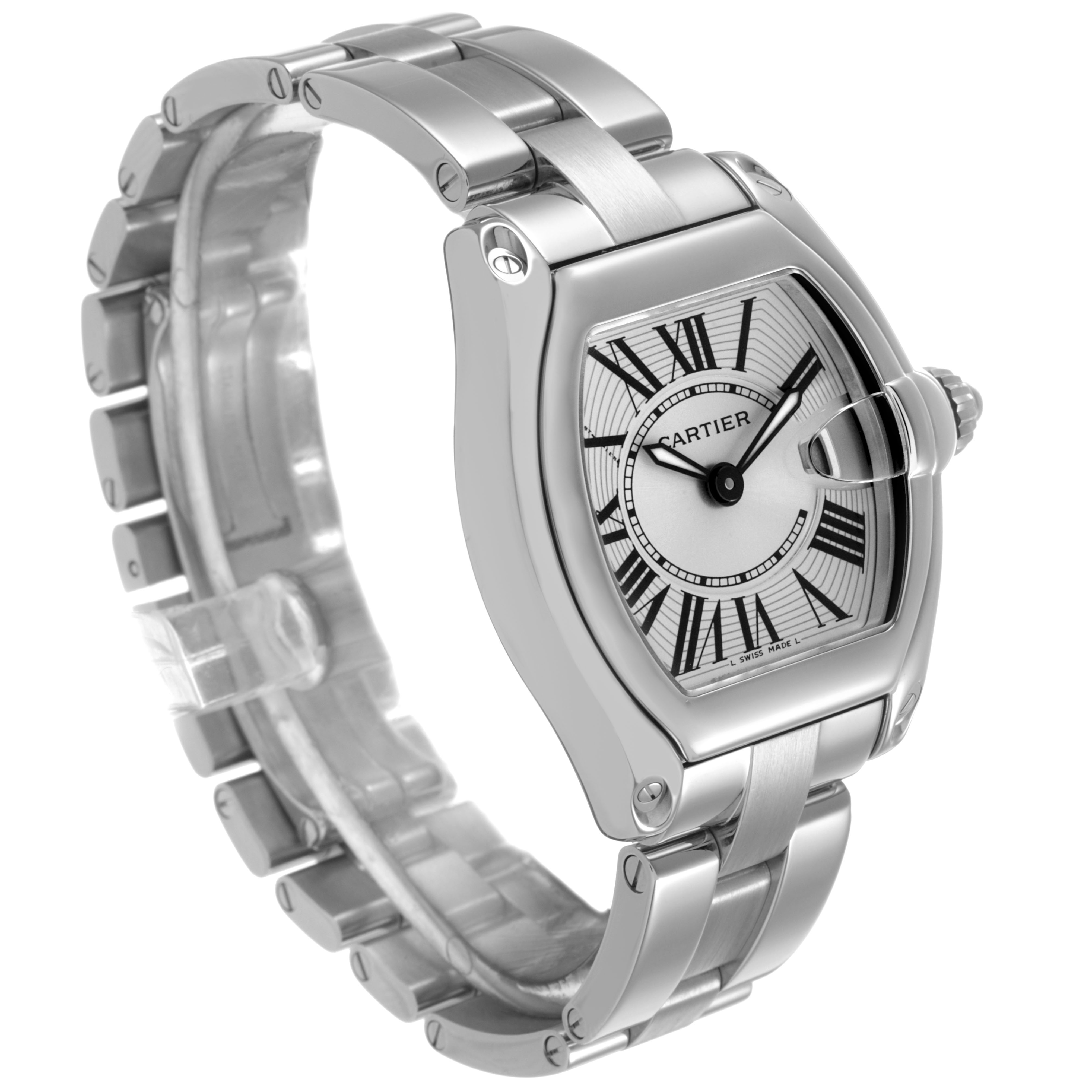 The Cartier Roadster W62016V3 Women's Stainless Steel Silver Dial watch is shown at a three-quarter angle highlighting its face, Roman numerals, crown, and metal bracelet.
