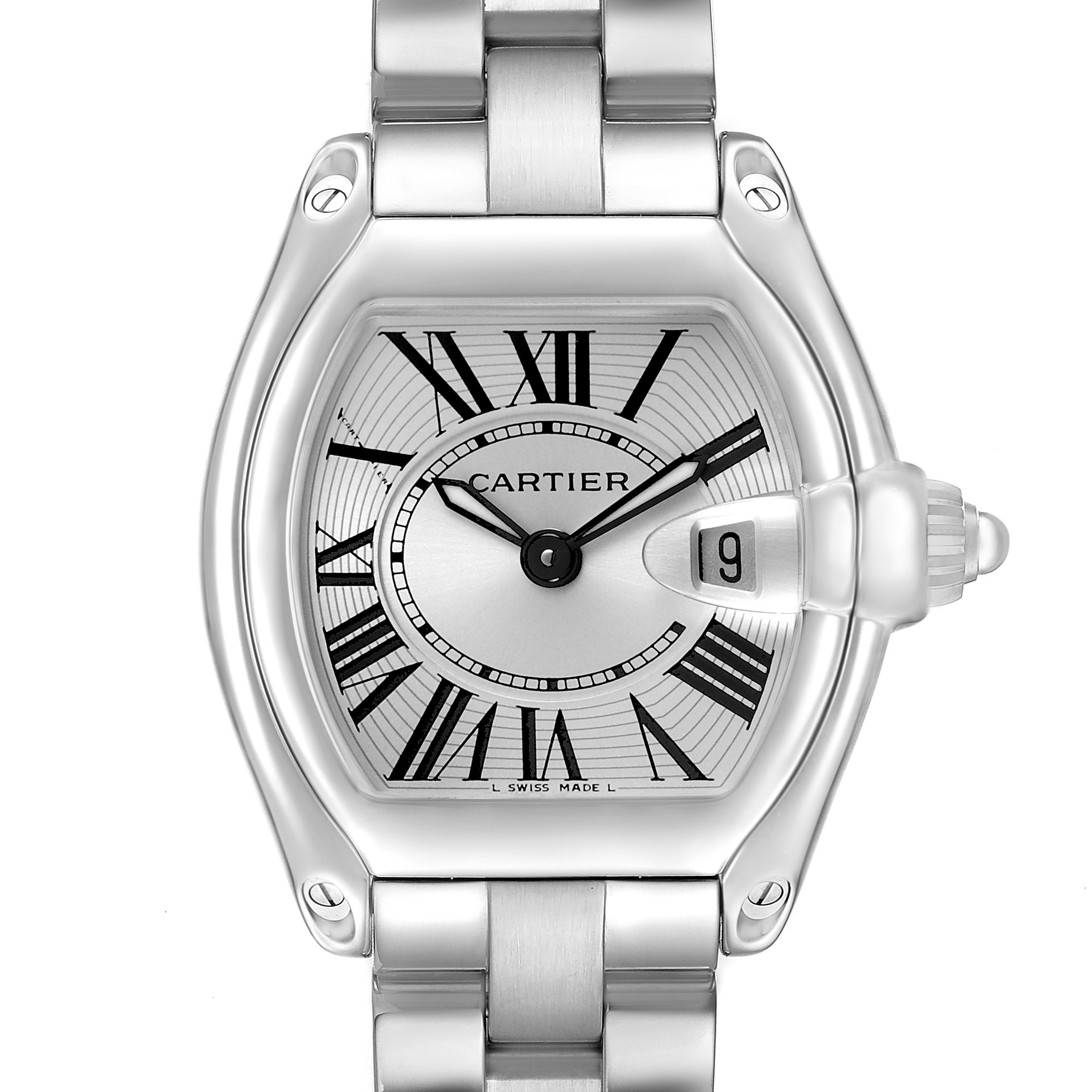 The image shows a front view of the Cartier Roadster W62016V3 Women's Stainless Steel Silver Dial watch, highlighting the dial, Roman numerals, hands, date, and bracelet.