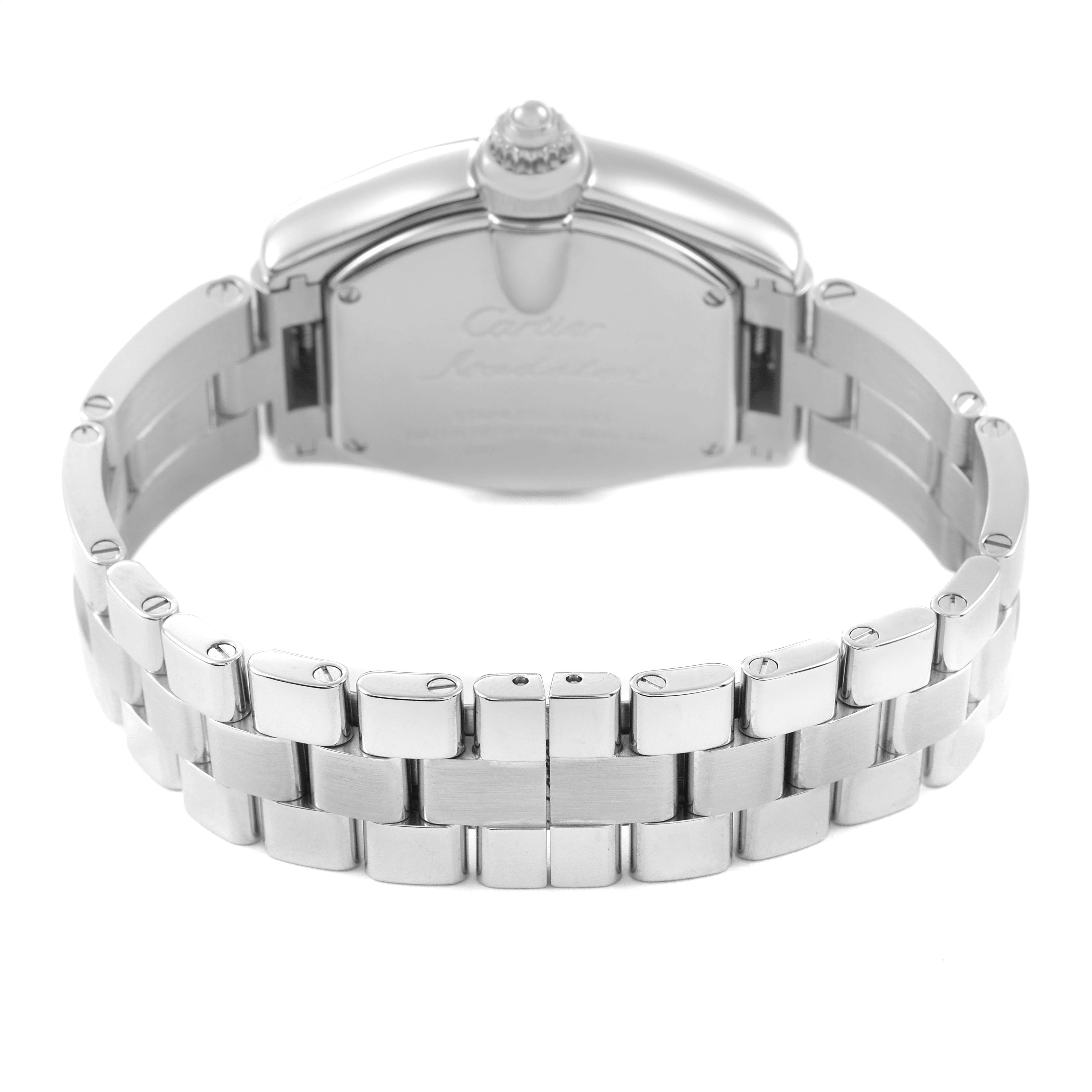 The image shows the back view of a Cartier Roadster W62016V3 Women's Stainless Steel Silver Dial watch, highlighting its bracelet and clasp.