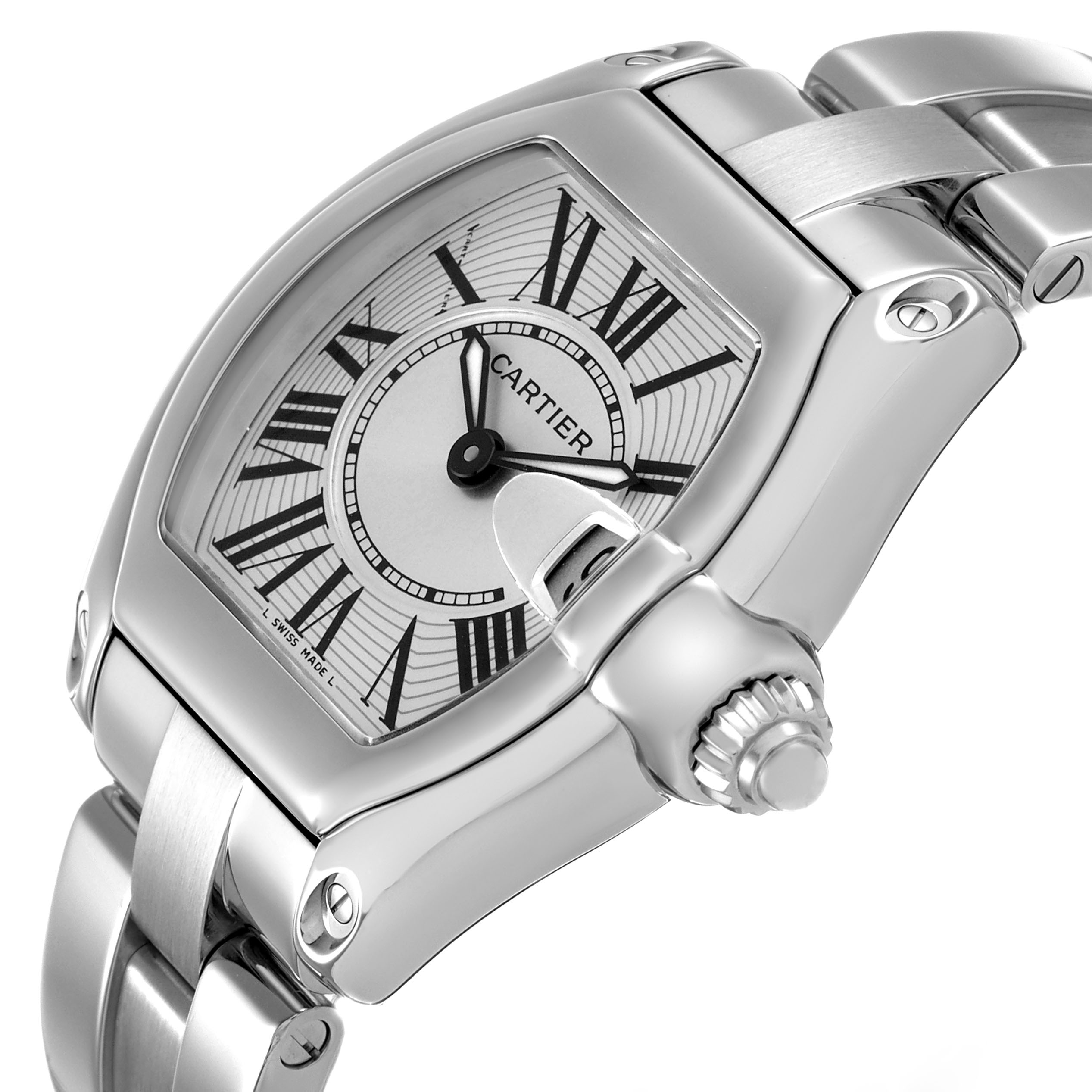 The Cartier Roadster W62016V3 Women's Stainless Steel Silver Dial watch is shown at an angled close-up, highlighting the dial, crown, and part of the bracelet.