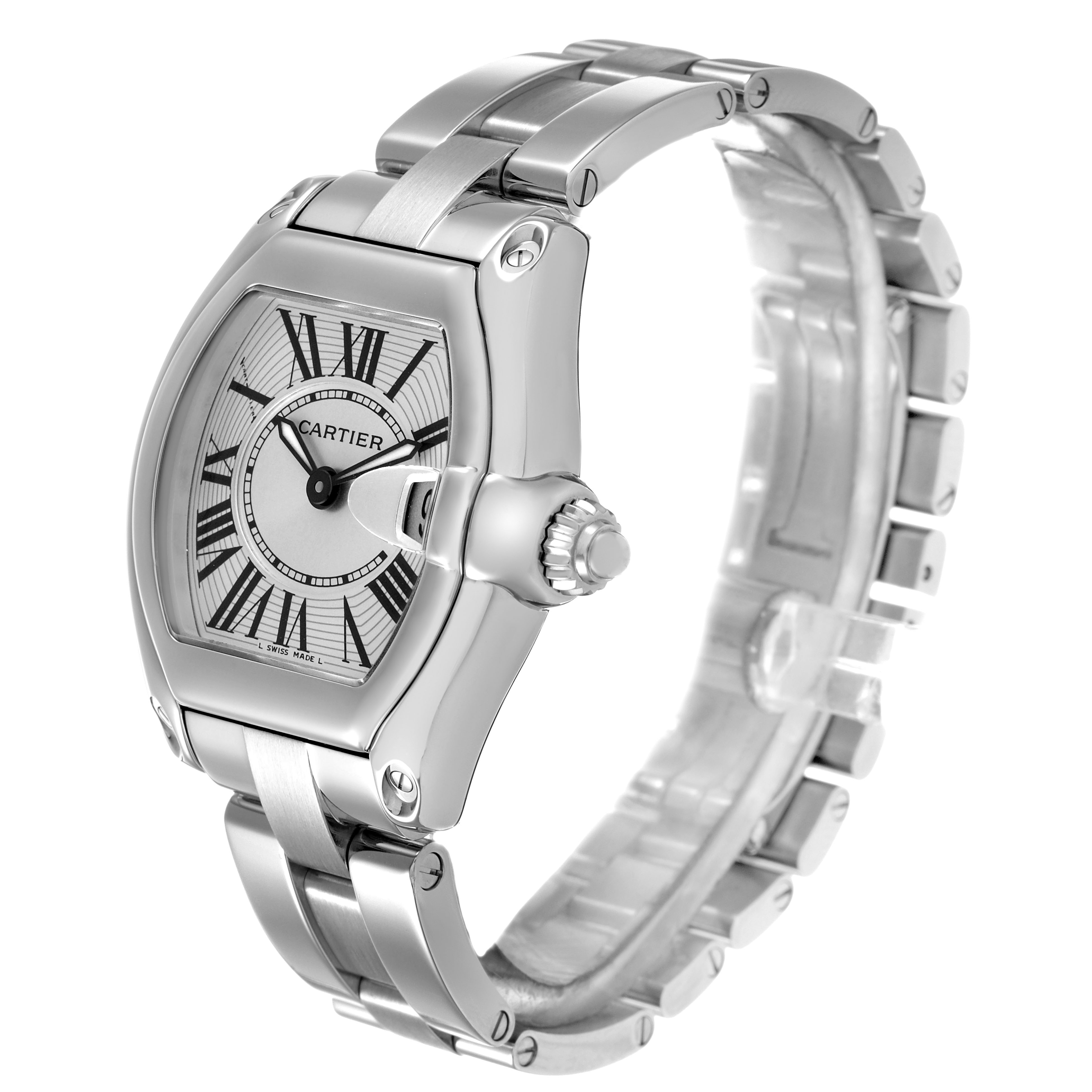 The Cartier Roadster W62016V3 Women's Stainless Steel Silver Dial watch is shown at a three-quarter angle, highlighting the face, crown, and bracelet.