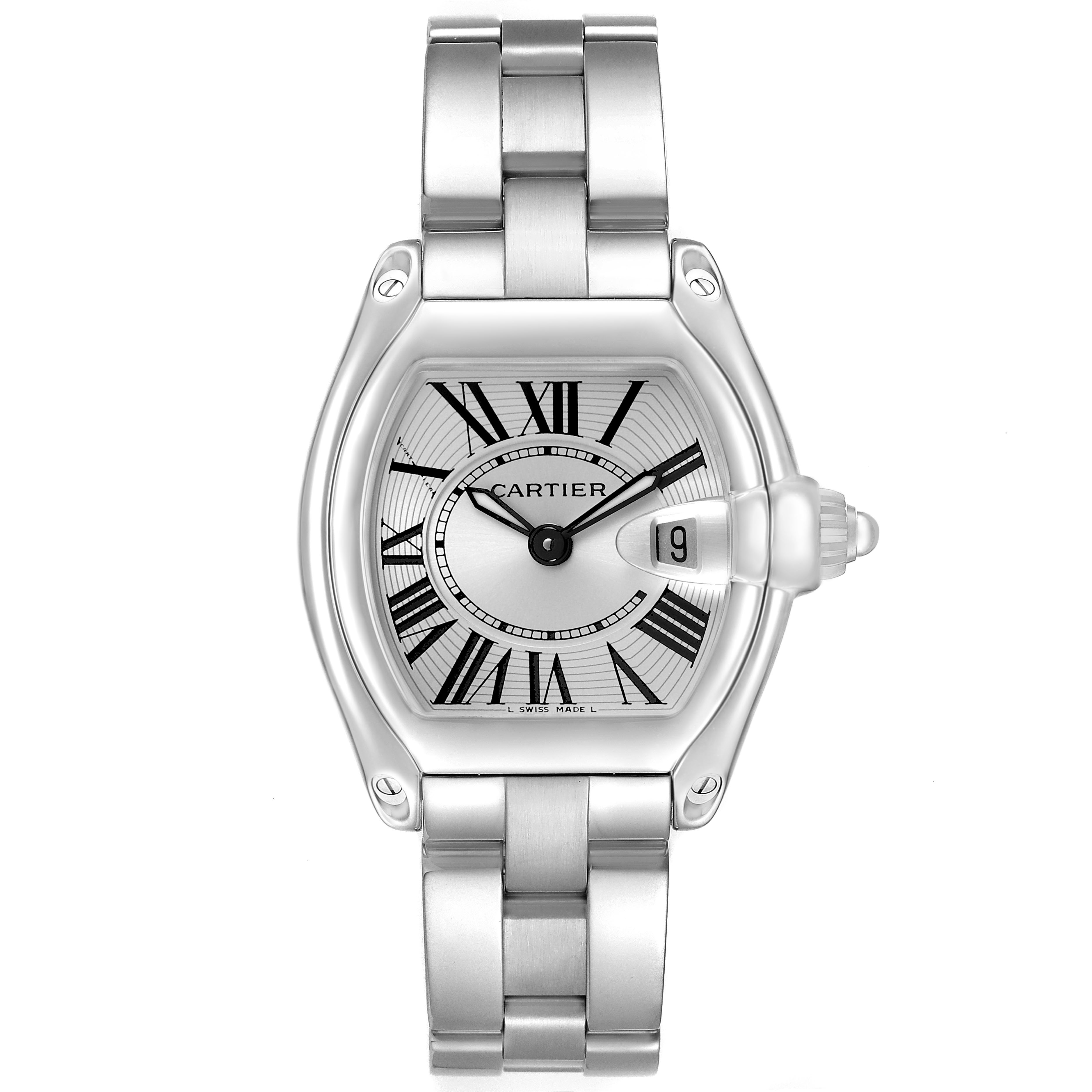 The Cartier Roadster W62016V3 Women's Stainless Steel Silver Dial watch is shown in a front view, displaying the dial, bracelet, and distinctive crown.