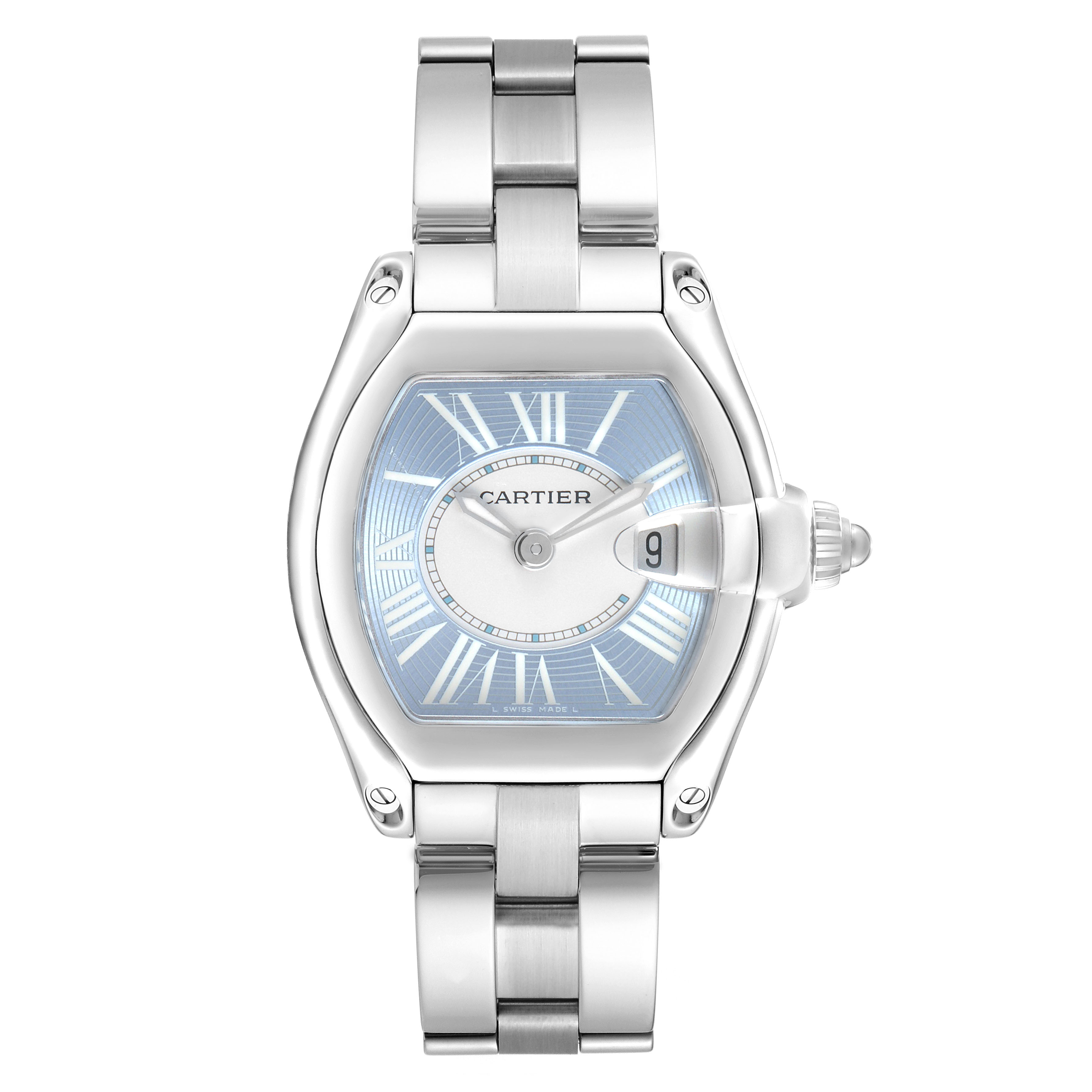 The Cartier Roadster W62053V3 Women's Stainless Steel Blue Dial watch is shown from a front angle, highlighting its face, bracelet, and crown.