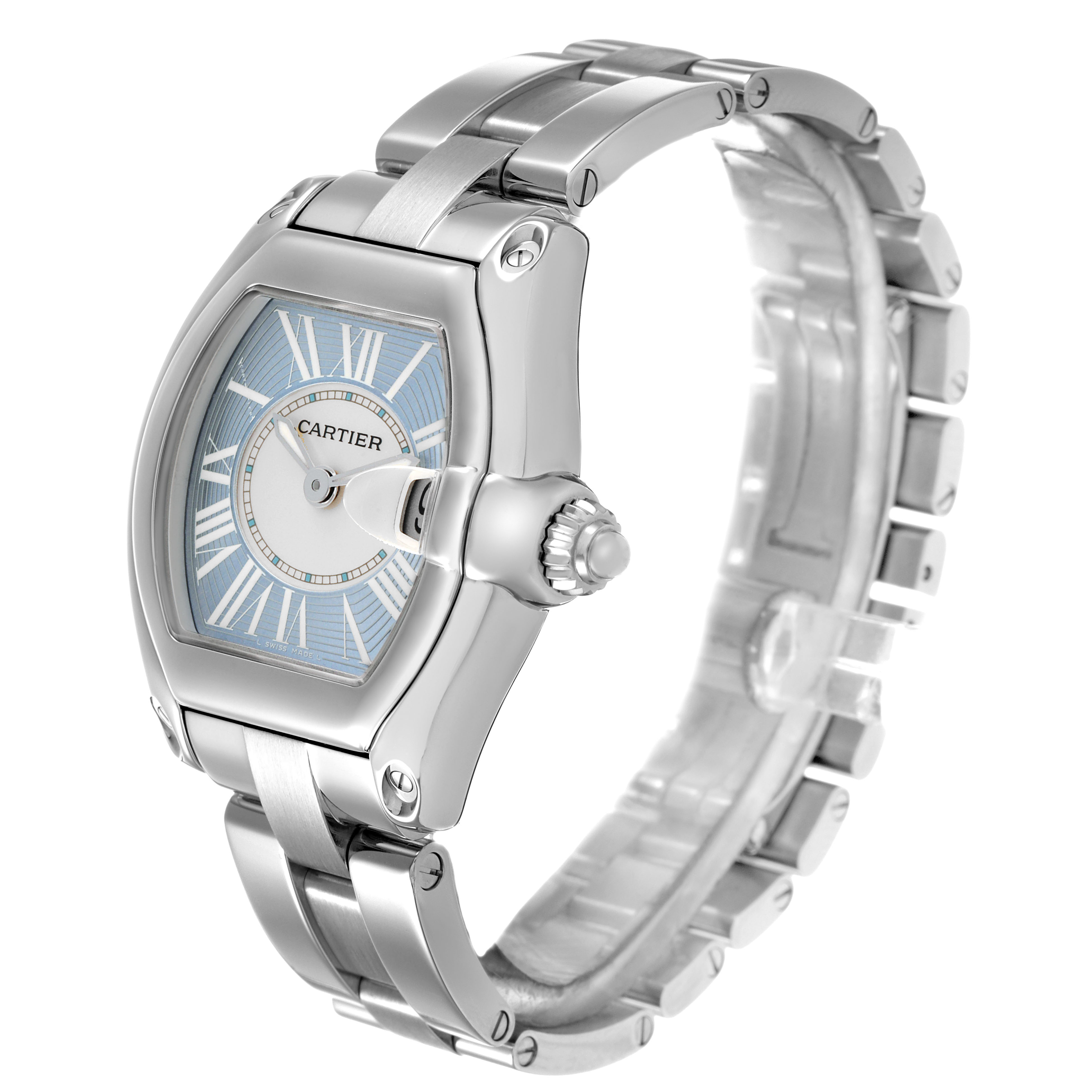 The Cartier Roadster W62053V3 Women's Stainless Steel Blue Dial watch is shown from a three-quarter angle, highlighting its face, bezel, crown, and bracelet.