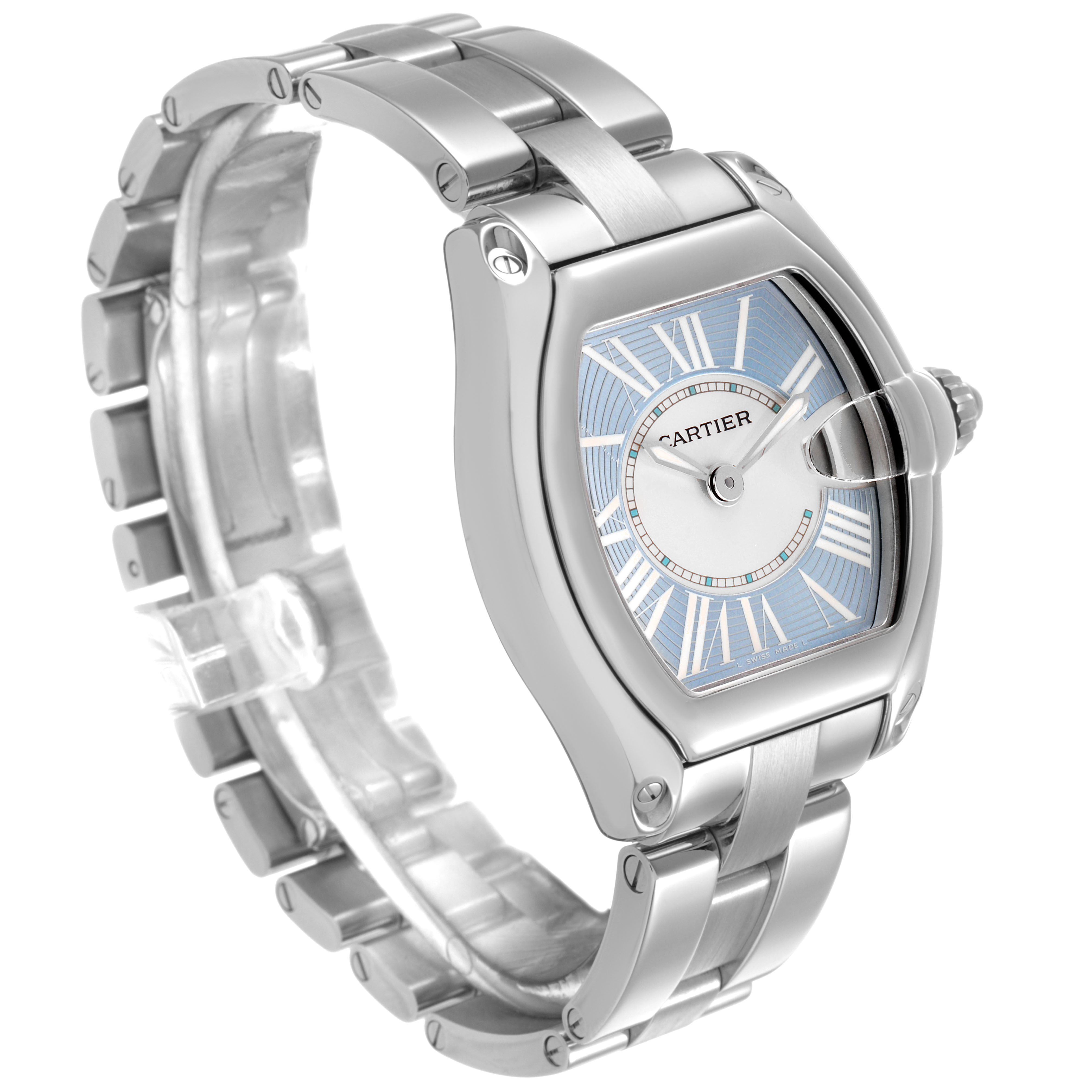 The Cartier Roadster W62053V3 Women's Stainless Steel Blue Dial watch is shown at a three-quarter angle, displaying the dial, case, and bracelet.