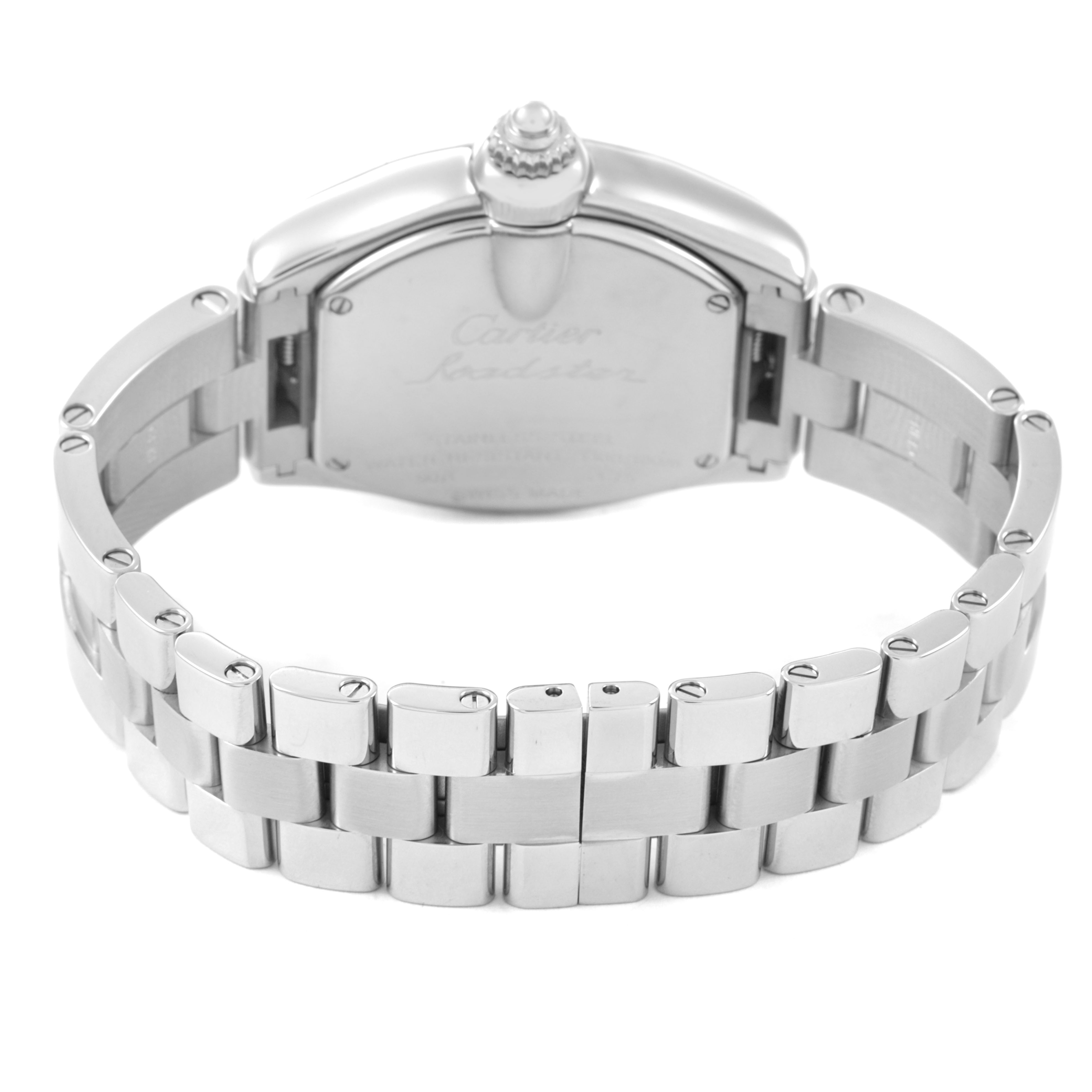 The Cartier Roadster W62053V3 Women's Stainless Steel Blue Dial watch is shown from the back, highlighting the metal bracelet and caseback details.