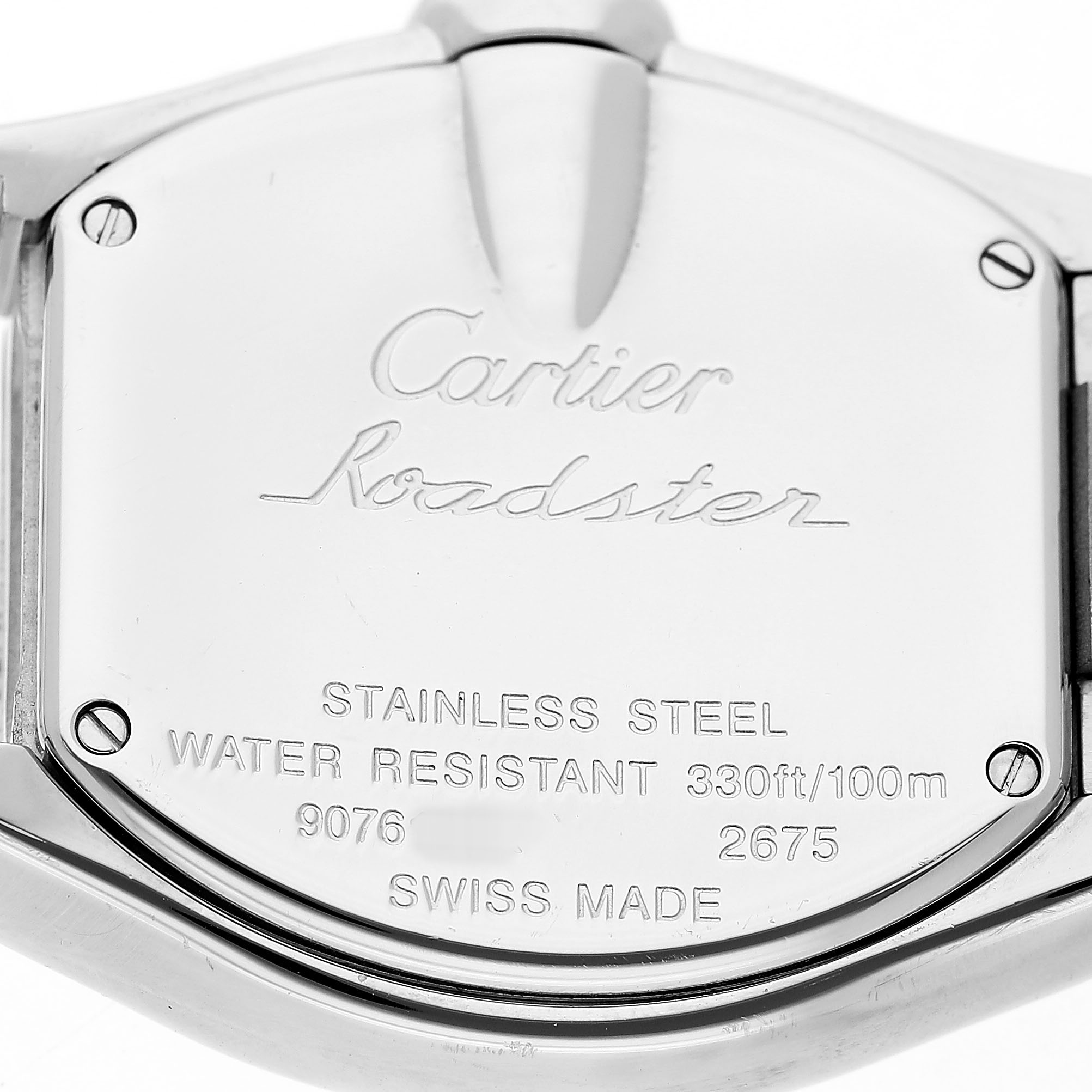 The image shows the back case of the Cartier Roadster W62053V3 Women's Stainless Steel Blue Dial watch, highlighting the engravings and details like water resistance.