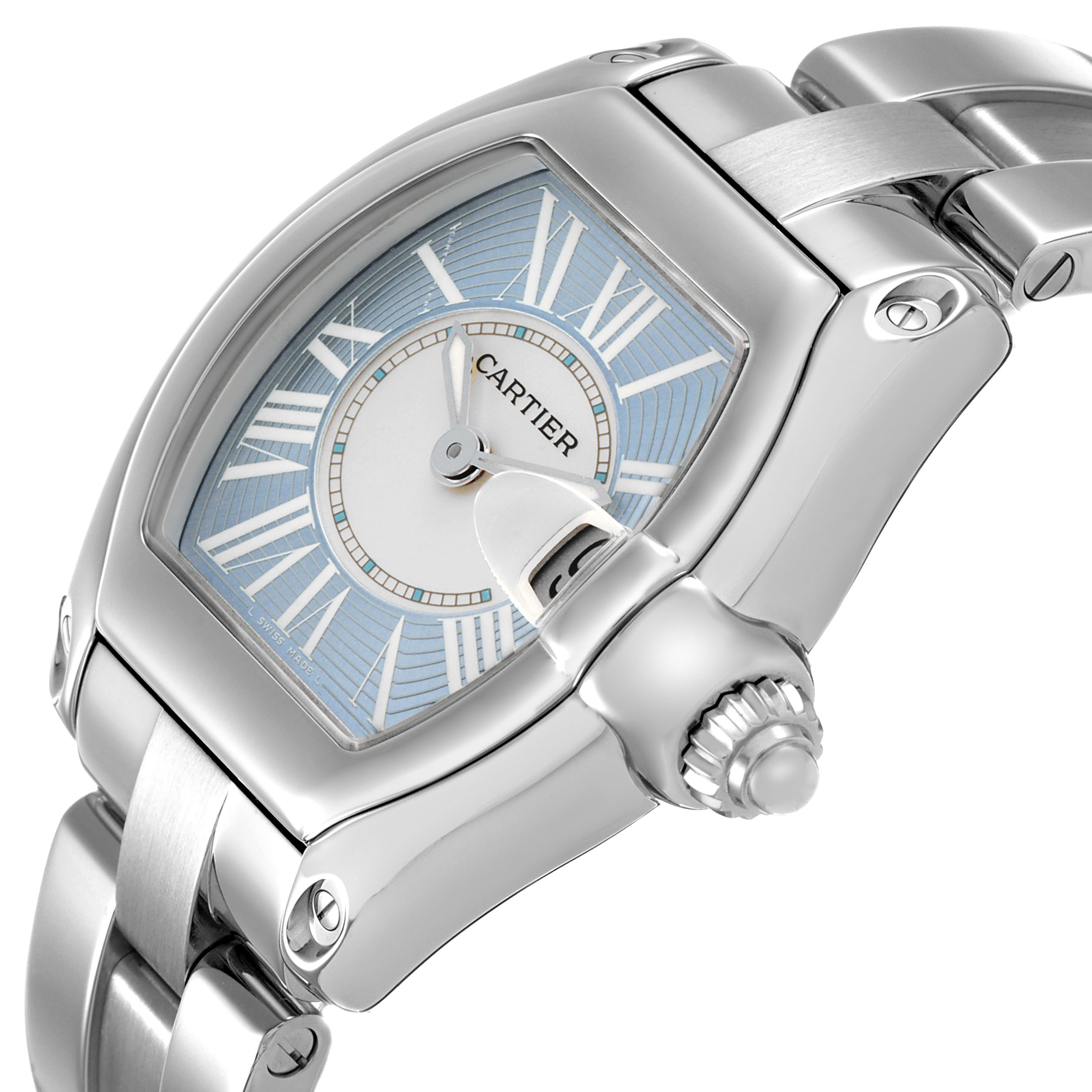 The Cartier Roadster W62053V3 Women's Stainless Steel Blue Dial is shown at an angled close-up highlighting the dial, crown, and part of the bracelet.