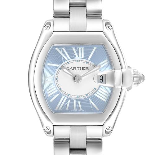 The Cartier Roadster W62053V3 Women's Stainless Steel Blue Dial watch is shown from a top-down angle, highlighting the dial, case, and part of the bracelet.