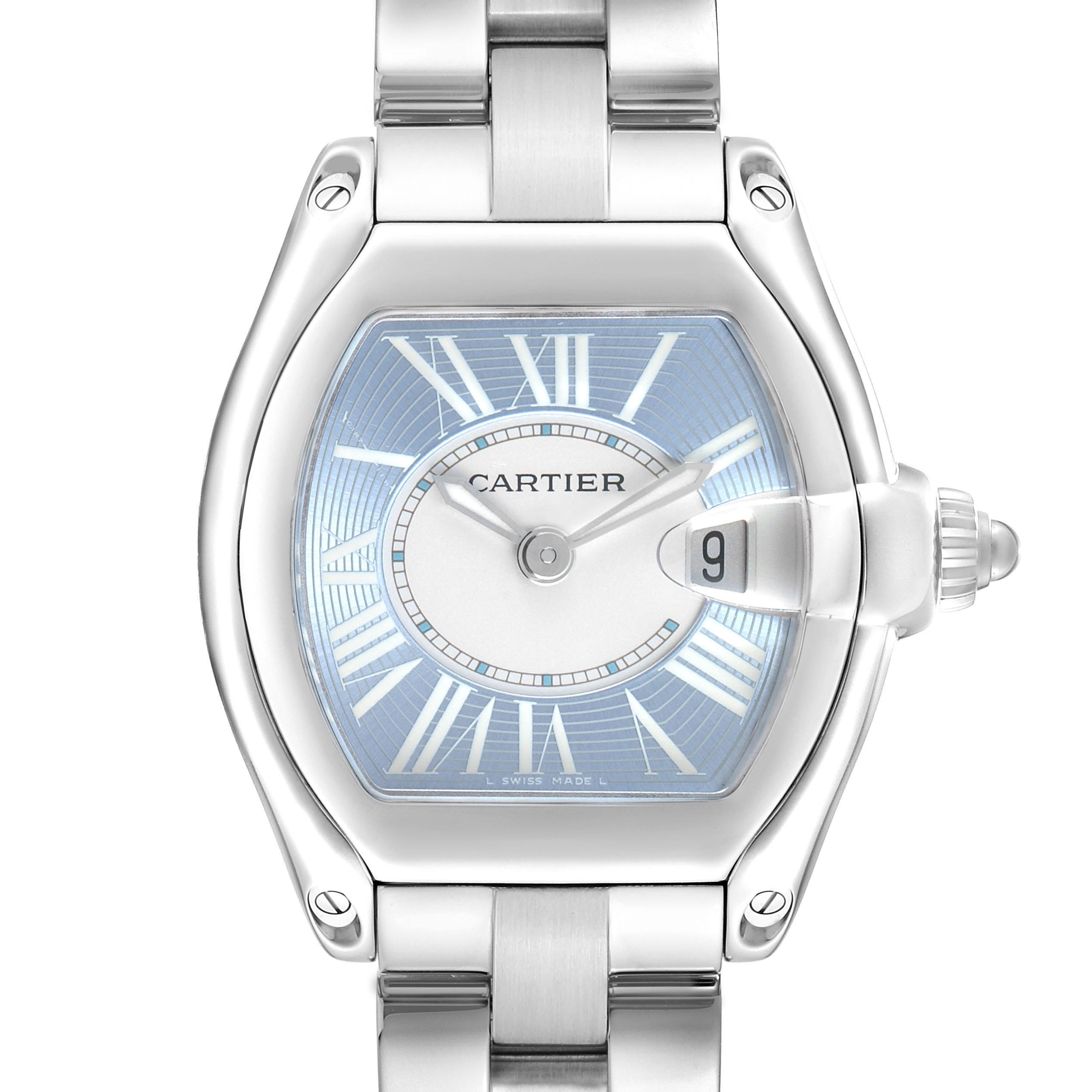 The image shows a frontal view of a Cartier Roadster W62053V3 Women's Stainless Steel Blue Dial watch, highlighting its face, bracelet, and prominent crown.