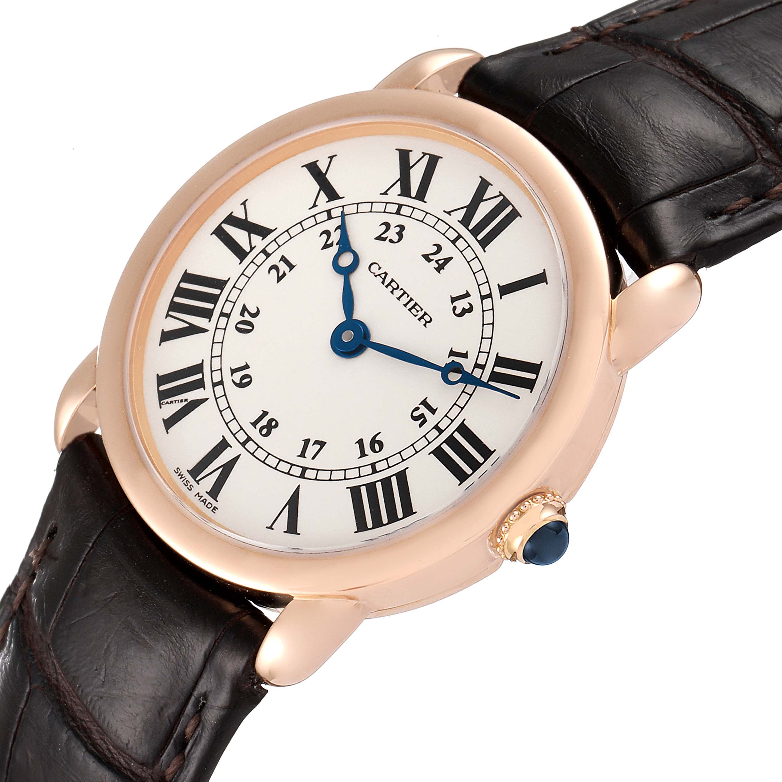 The image shows a close-up angle of the Cartier Ronde W6800151 Women's Rose Gold Silver Dial W6800151 Women's Rose Gold Silver Dial watch face and part of its leather strap.