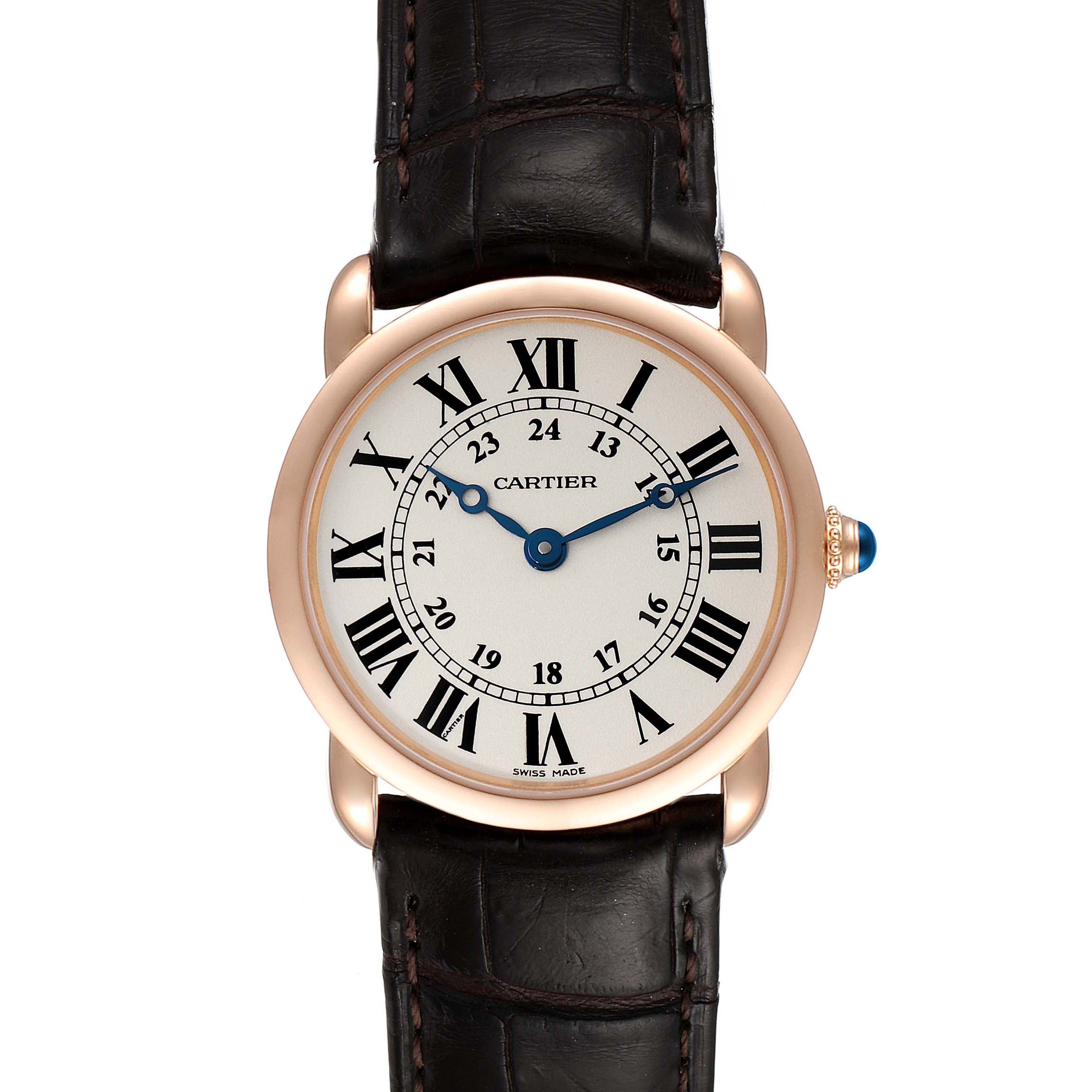 The image shows a front view of Cartier's Ronde model watch, highlighting its dial and leather strap.