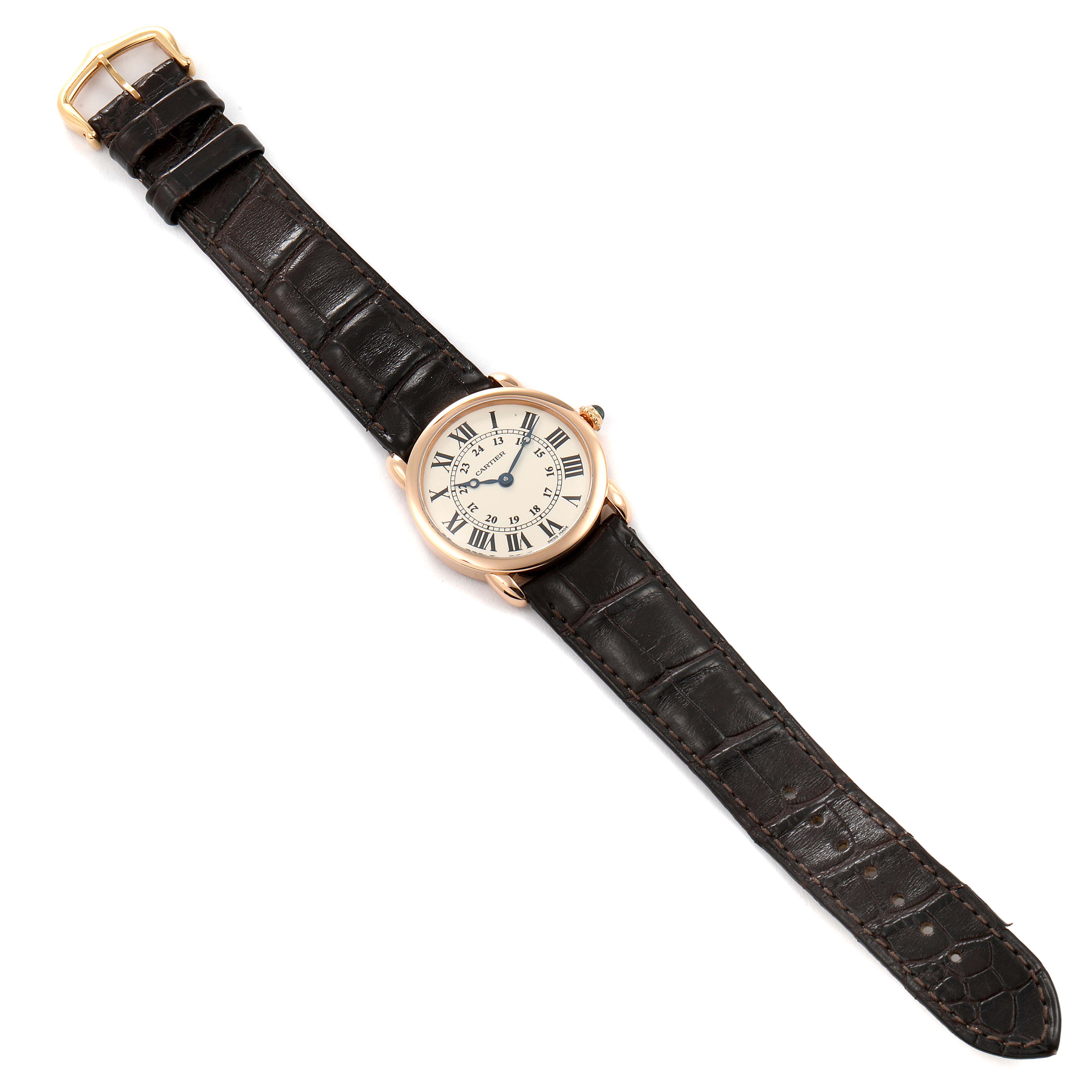 The Cartier Ronde W6800151 Women's Rose Gold Silver Dial W6800151 Women's Rose Gold Silver Dial watch is shown from a top-down angle, highlighting its face, bezel, and leather strap.
