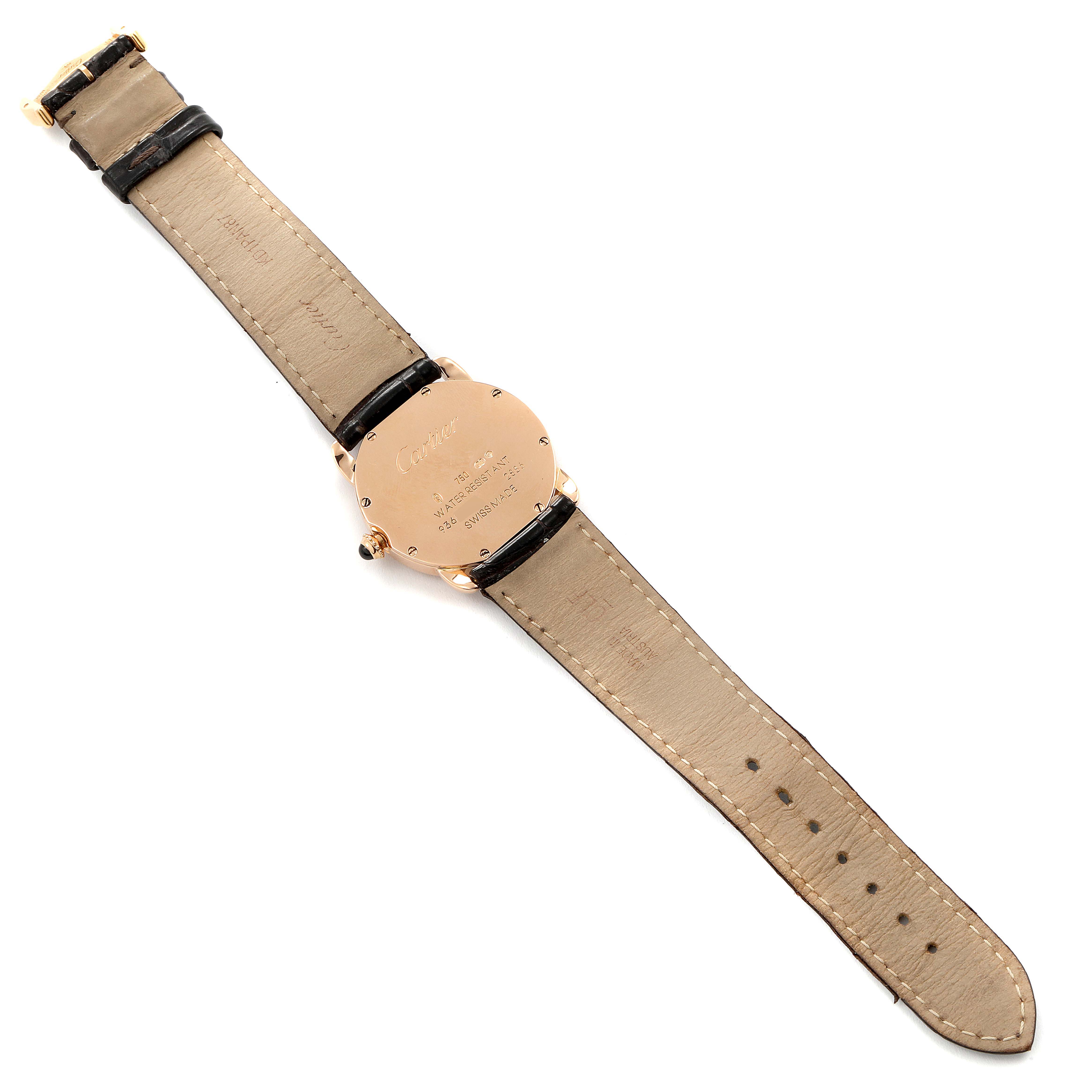 The image shows the back side of a Cartier Ronde W6800151 Women's Rose Gold Silver Dial W6800151 Women's Rose Gold Silver Dial watch, displaying its case back, straps, and buckle.