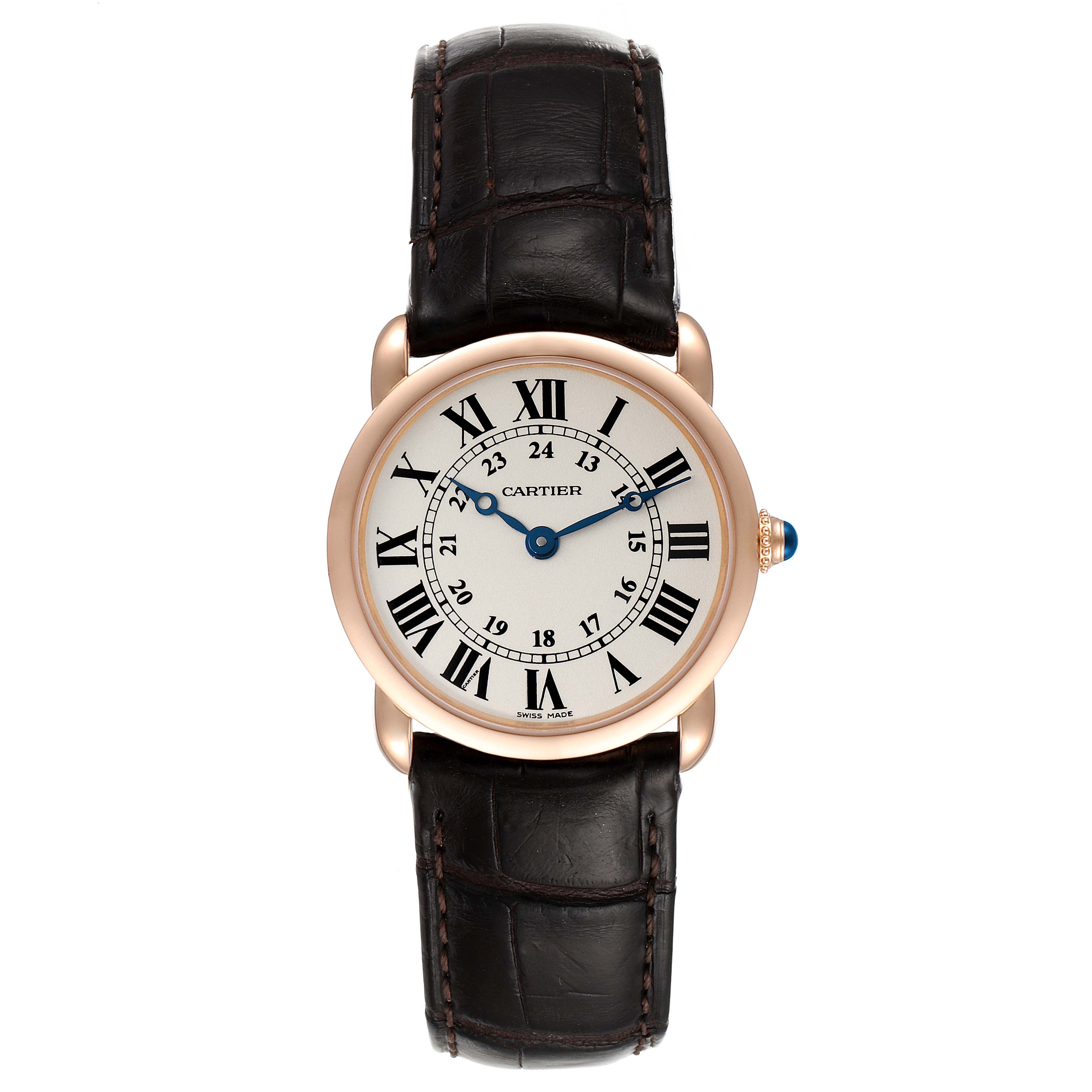 This is a front view of the Cartier Ronde W6800151 Women's Rose Gold Silver Dial W6800151 Women's Rose Gold Silver Dial model watch, showing the dial, Roman numerals, and black leather strap.