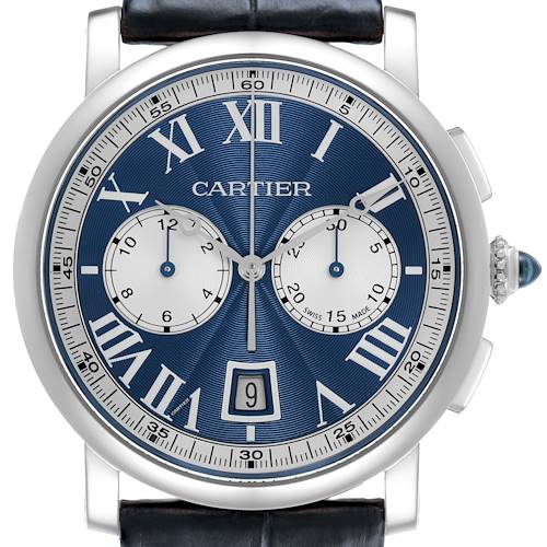 The Cartier Rotonde W1556239 Men's White Gold Blue Dial watch is shown from the front, featuring its dial, subdials, Roman numerals, and crown.