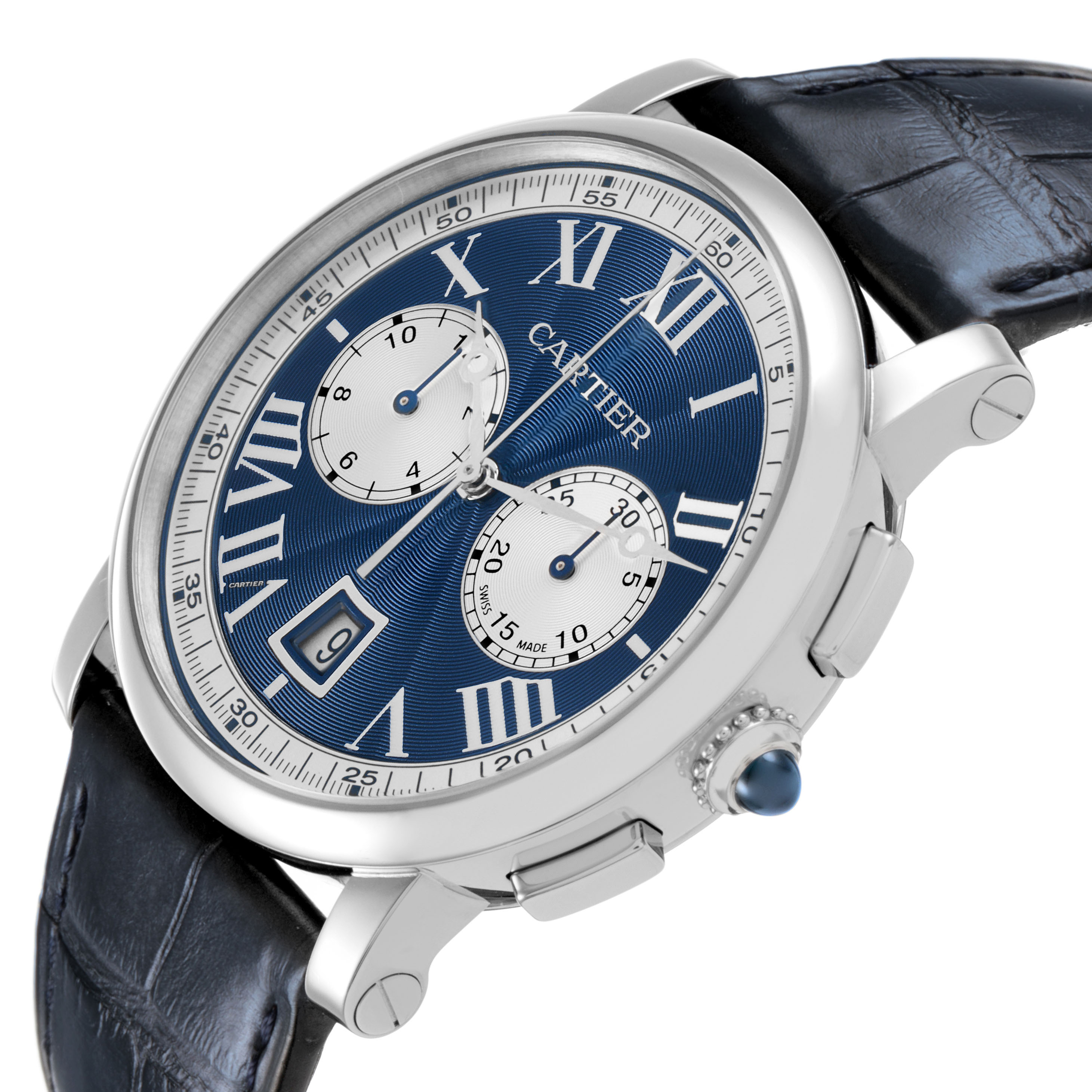 The image shows a Rotonde model by Cartier at a slight angle, highlighting its blue dial, Roman numerals, subdials, date window, and leather strap.