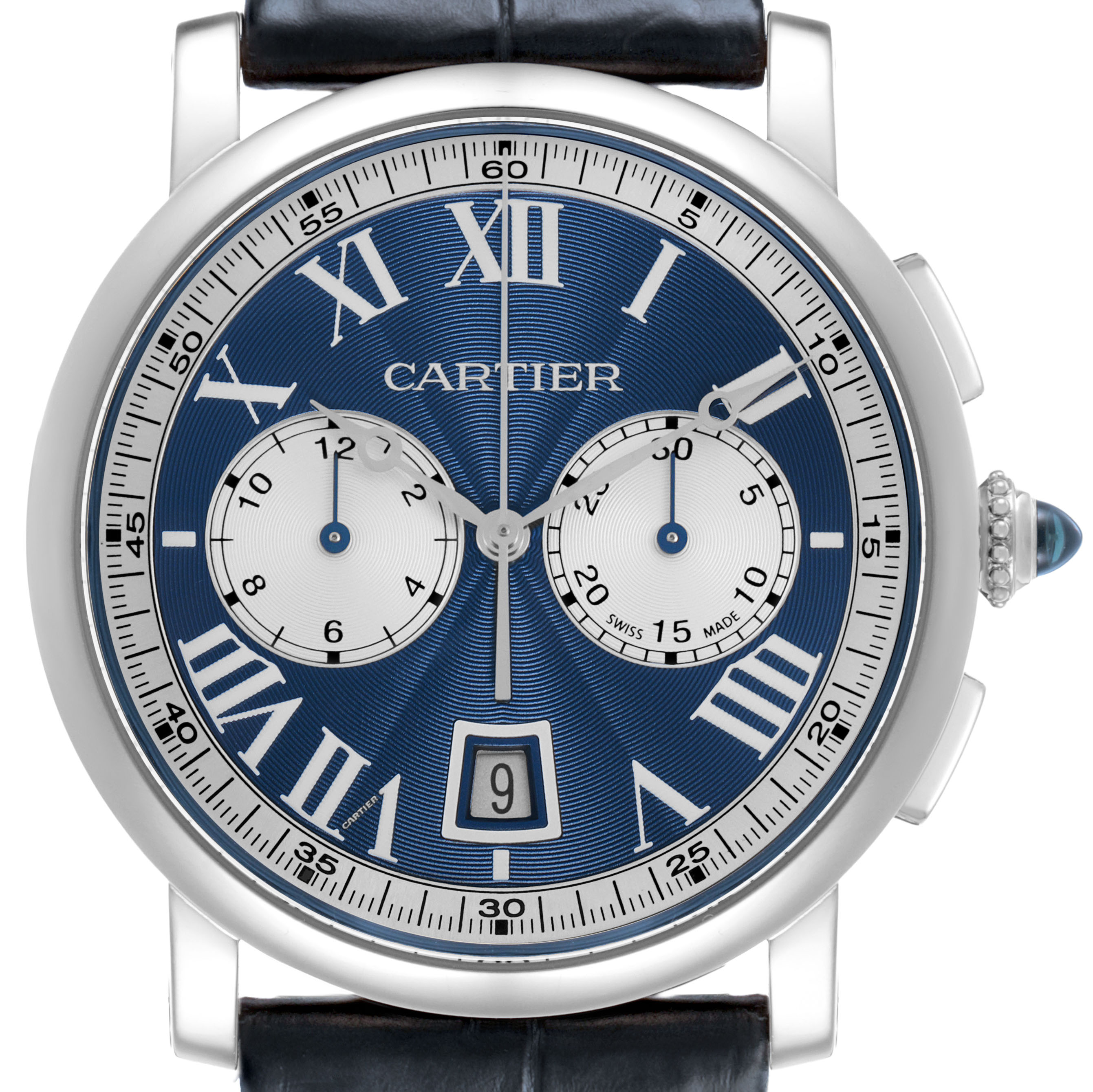 The Cartier Rotonde W1556239 Men's White Gold Blue Dial watch is shown from the front, highlighting the dial, Roman numerals, subdials, and date window.