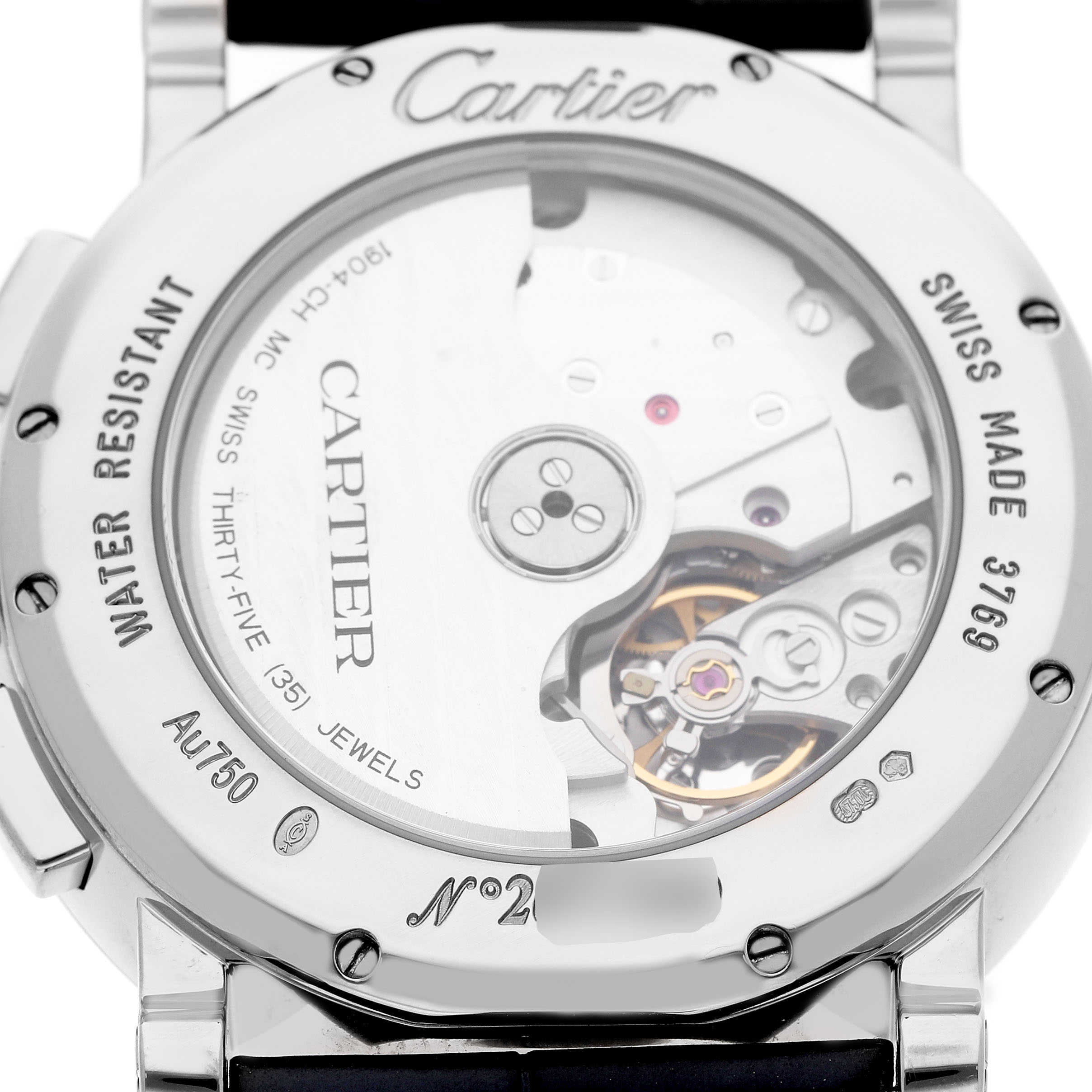 The image shows the back of the Cartier Rotonde W1556239 Men's White Gold Blue Dial watch, revealing its movement and engraved details.