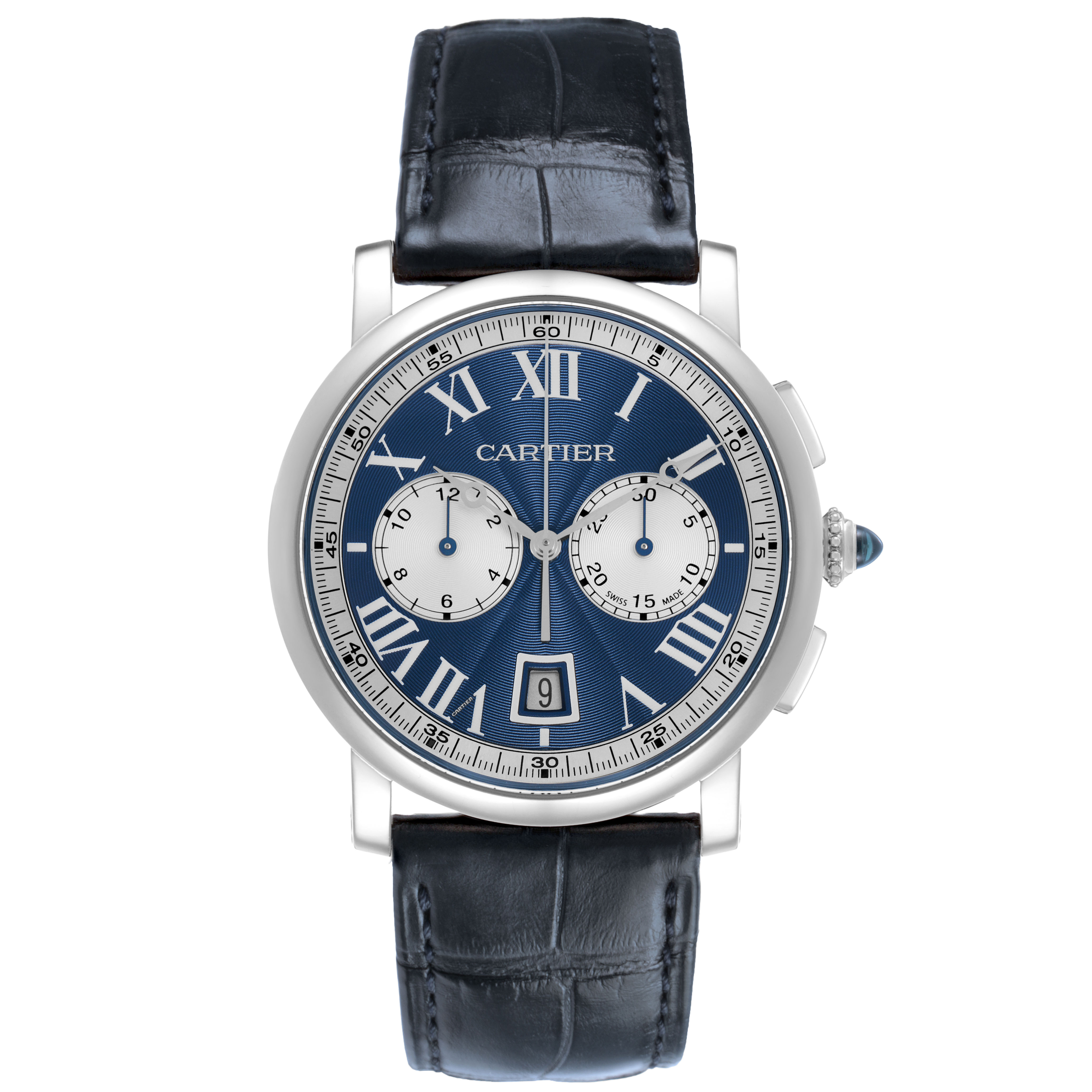The Cartier Rotonde W1556239 Men's White Gold Blue Dial watch is shown from a front angle, displaying the face, Roman numerals, subdials, and black leather strap.