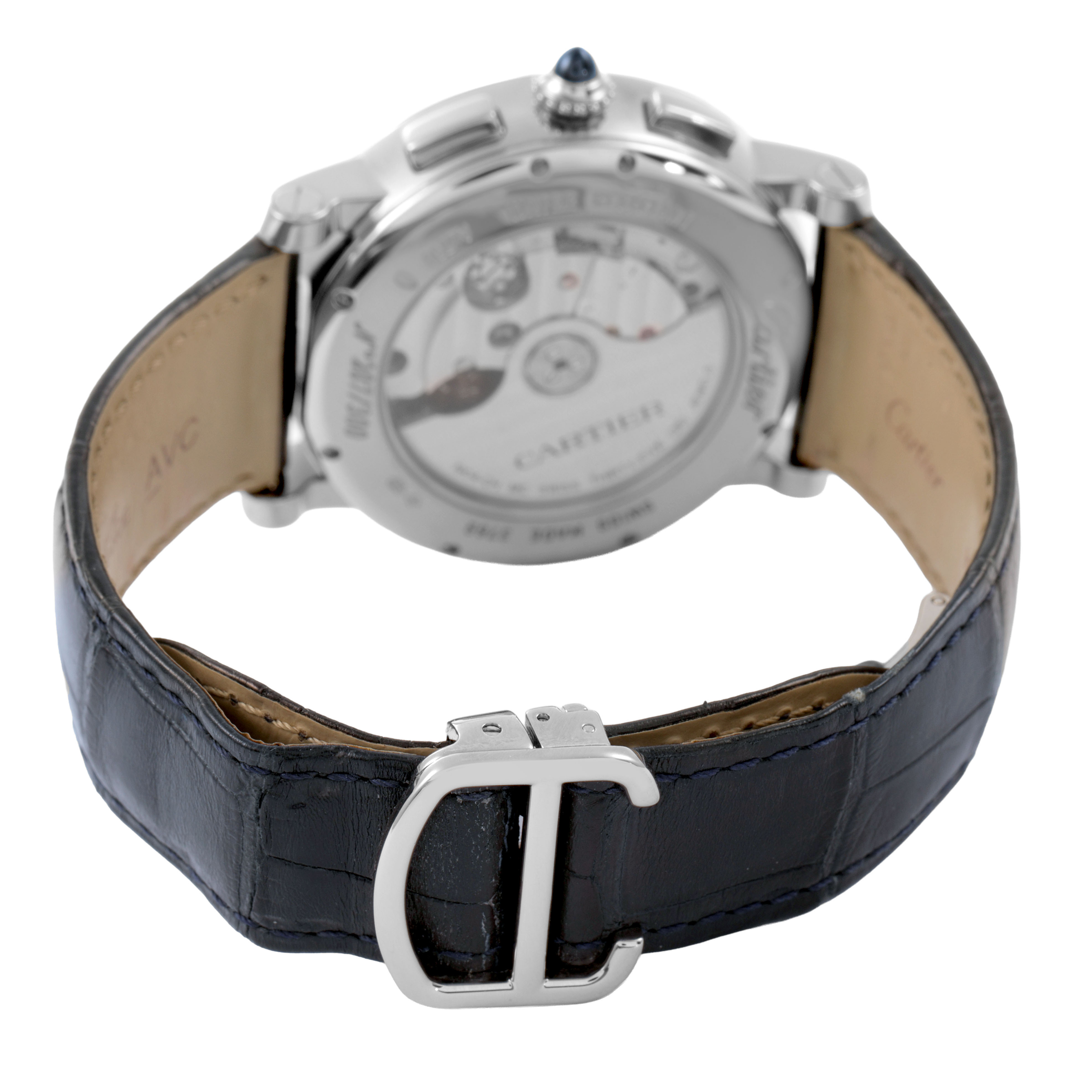 The image shows the back view of a Cartier Rotonde W1556239 Men's White Gold Blue Dial watch, highlighting its case back and leather strap with a buckle.